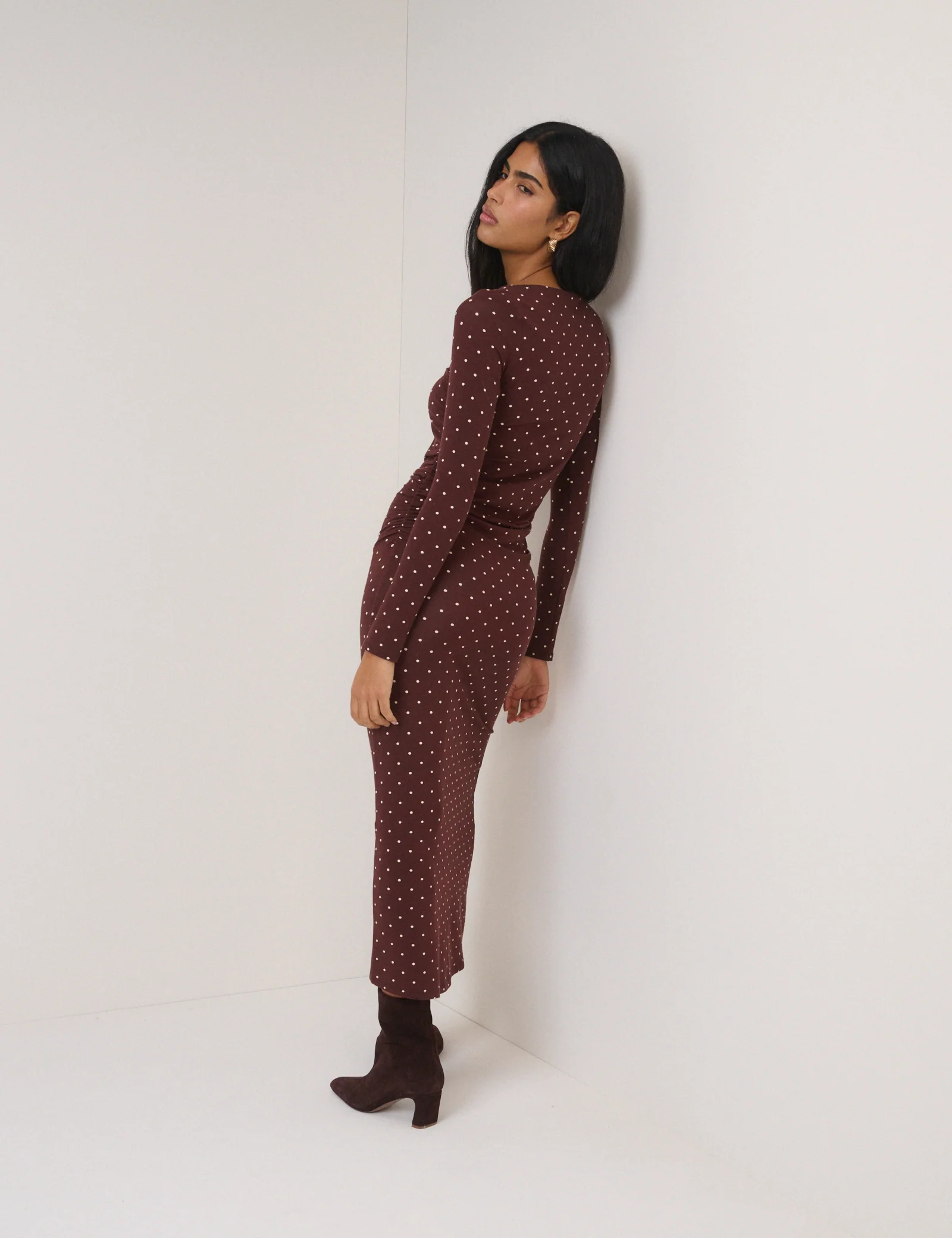 Chocolate Brown Polka Dot Laurella Midi Dress - Image 5