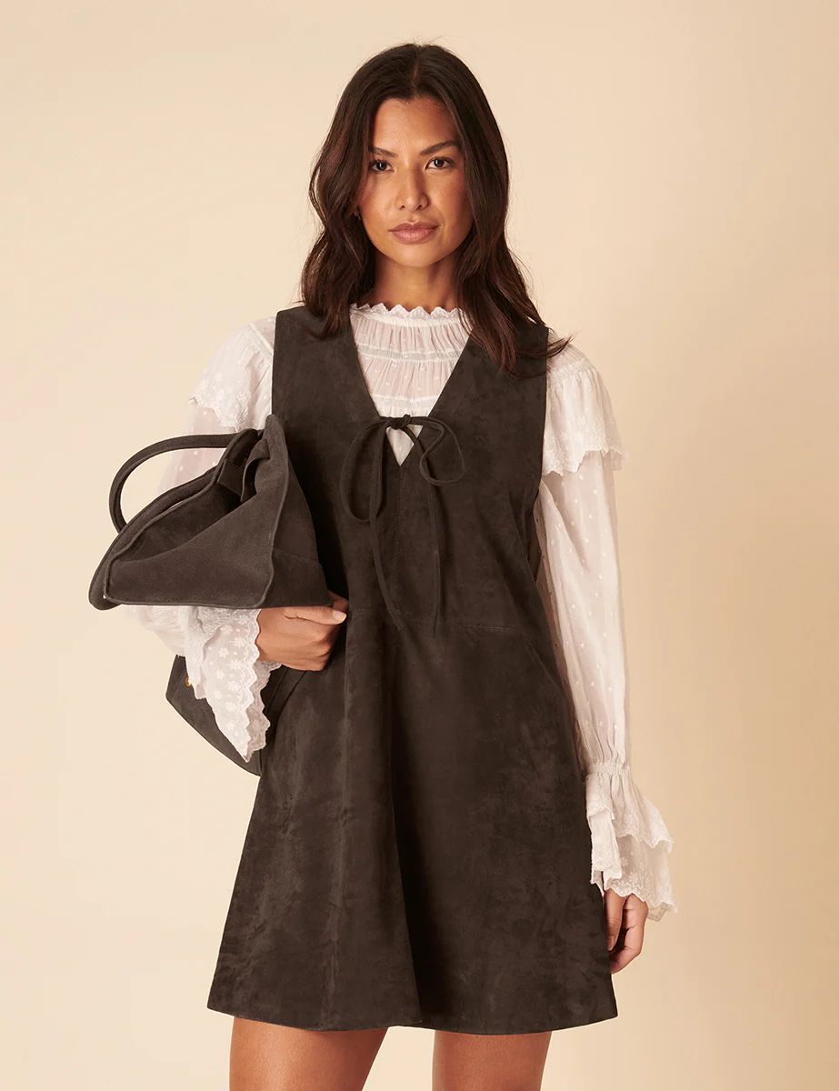 Dark Brown Suede Mini Pinafore Dress - Image 3