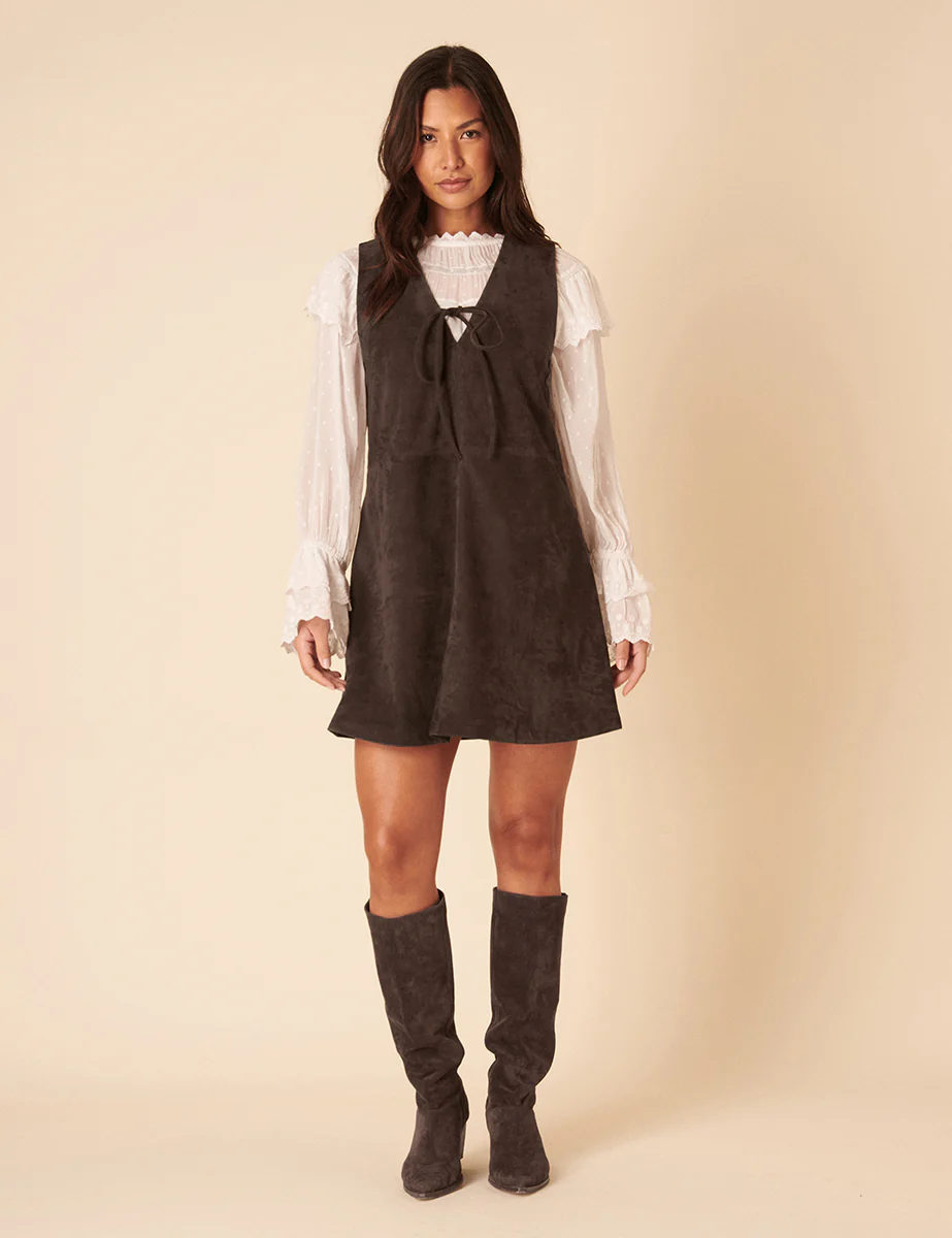 Dark Brown Suede Mini Pinafore Dress - Image 4