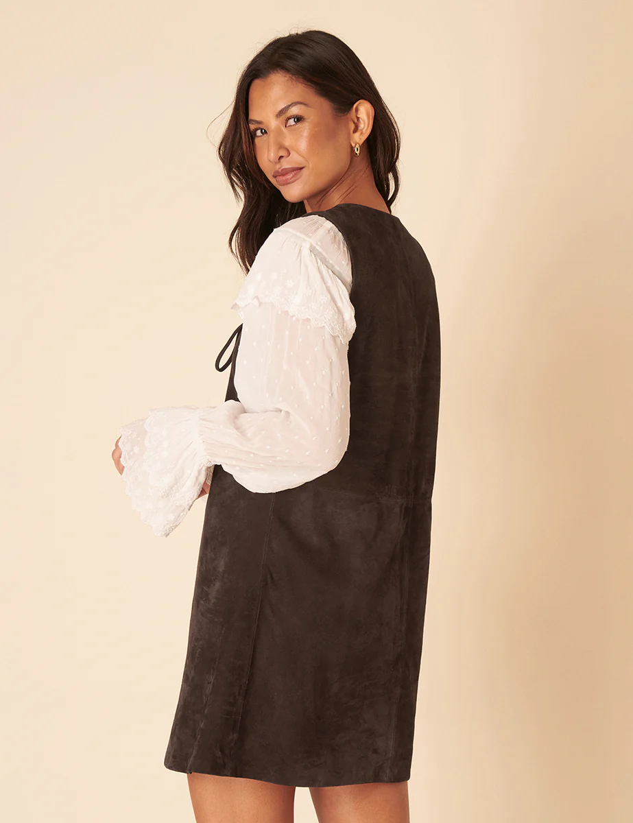 Dark Brown Suede Mini Pinafore Dress - Image 5