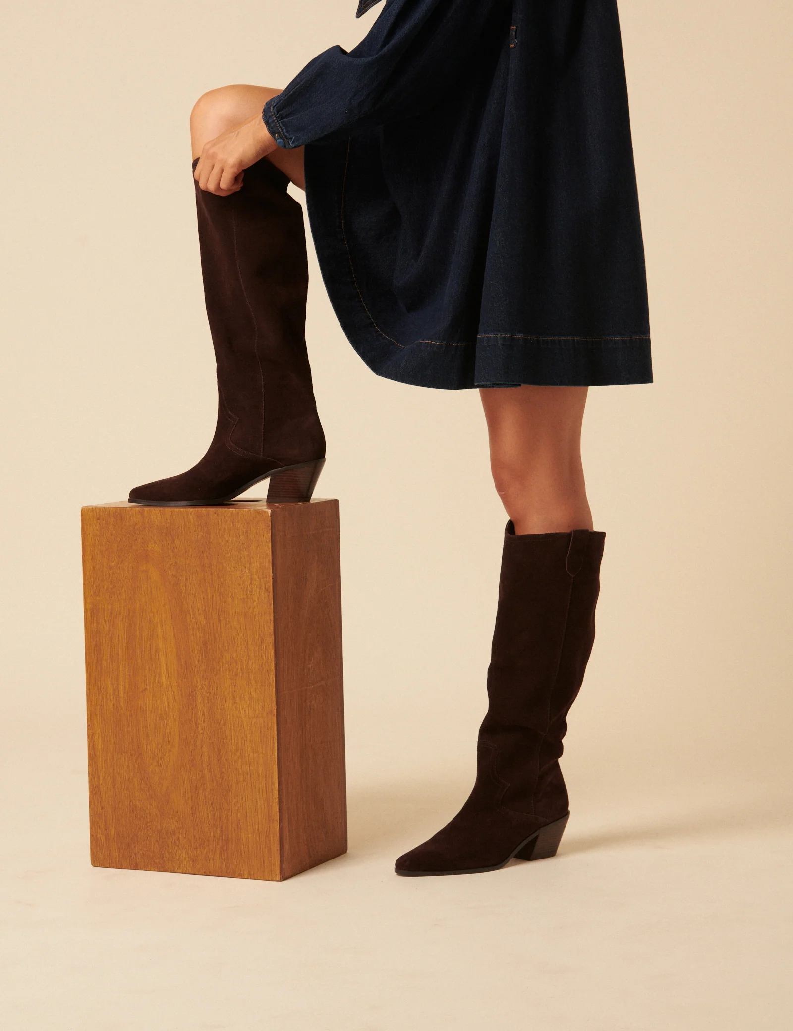 Chocolate Brown Suede Western Knee High Boots - Image 5