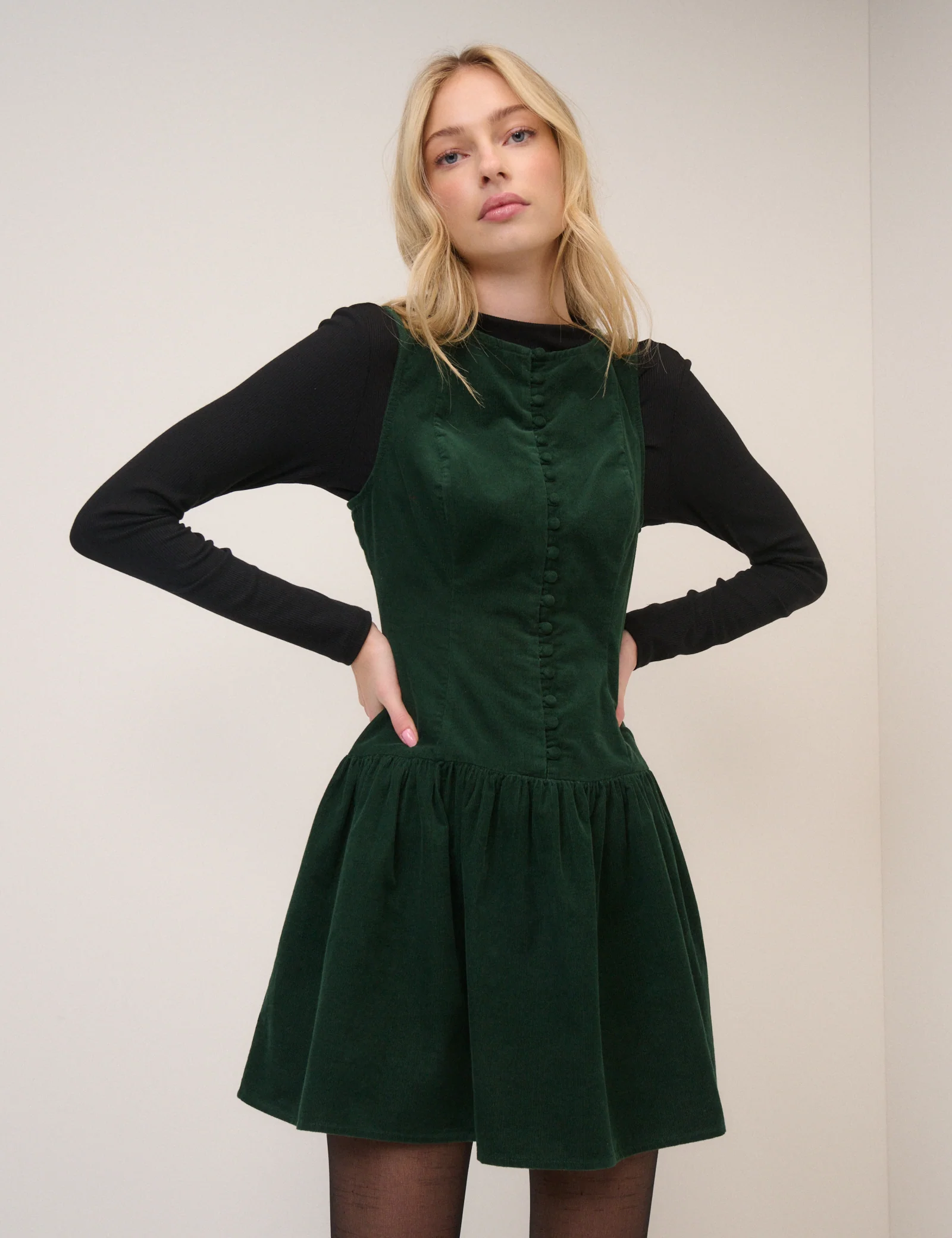 Forest Green Cord Claudia Mini Pinafore Dress - Image 5