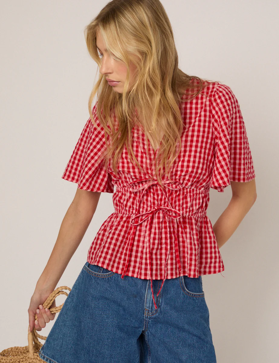 Red V Neck Gingham Cordelia Top