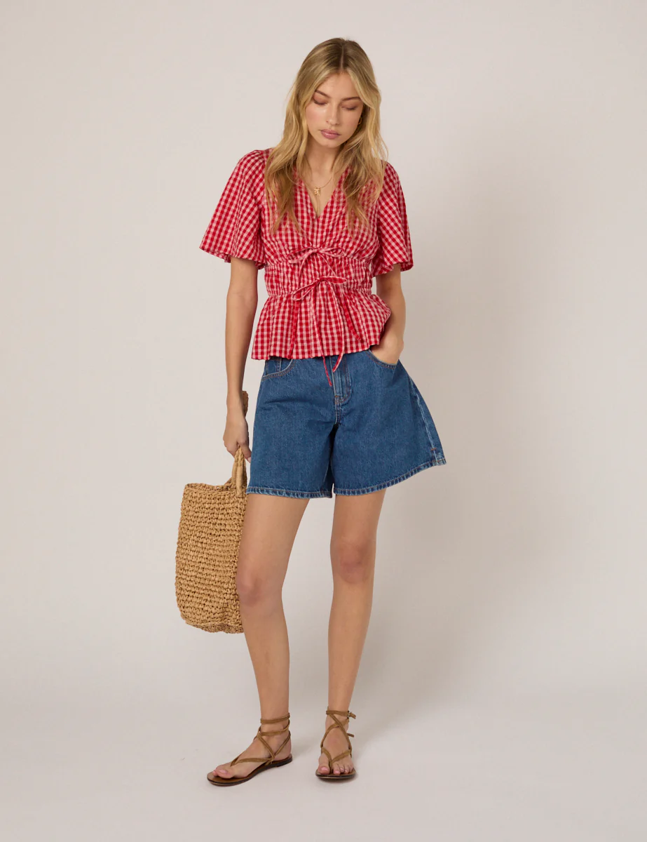 Red V Neck Gingham Cordelia Top - Image 2