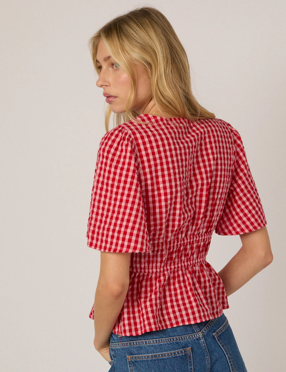 Red V Neck Gingham Cordelia Top - Image 5