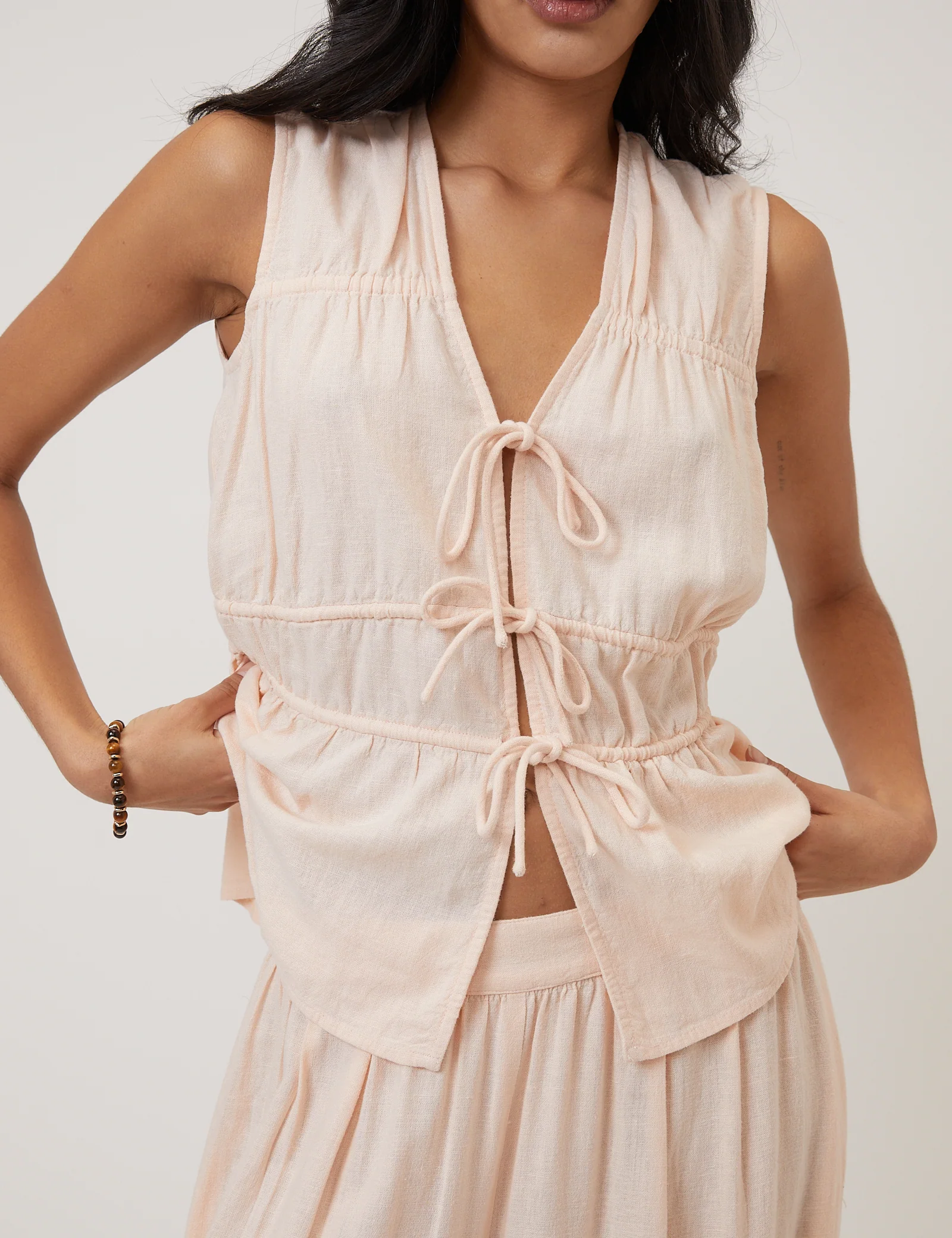 Pink Cordie Ruched Tie Front Top