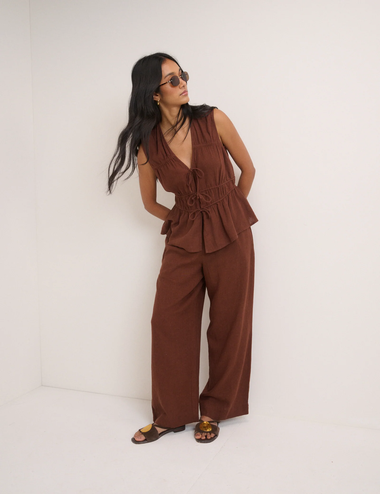 Brown Cordie Ruched Tie Front Top - Image 4