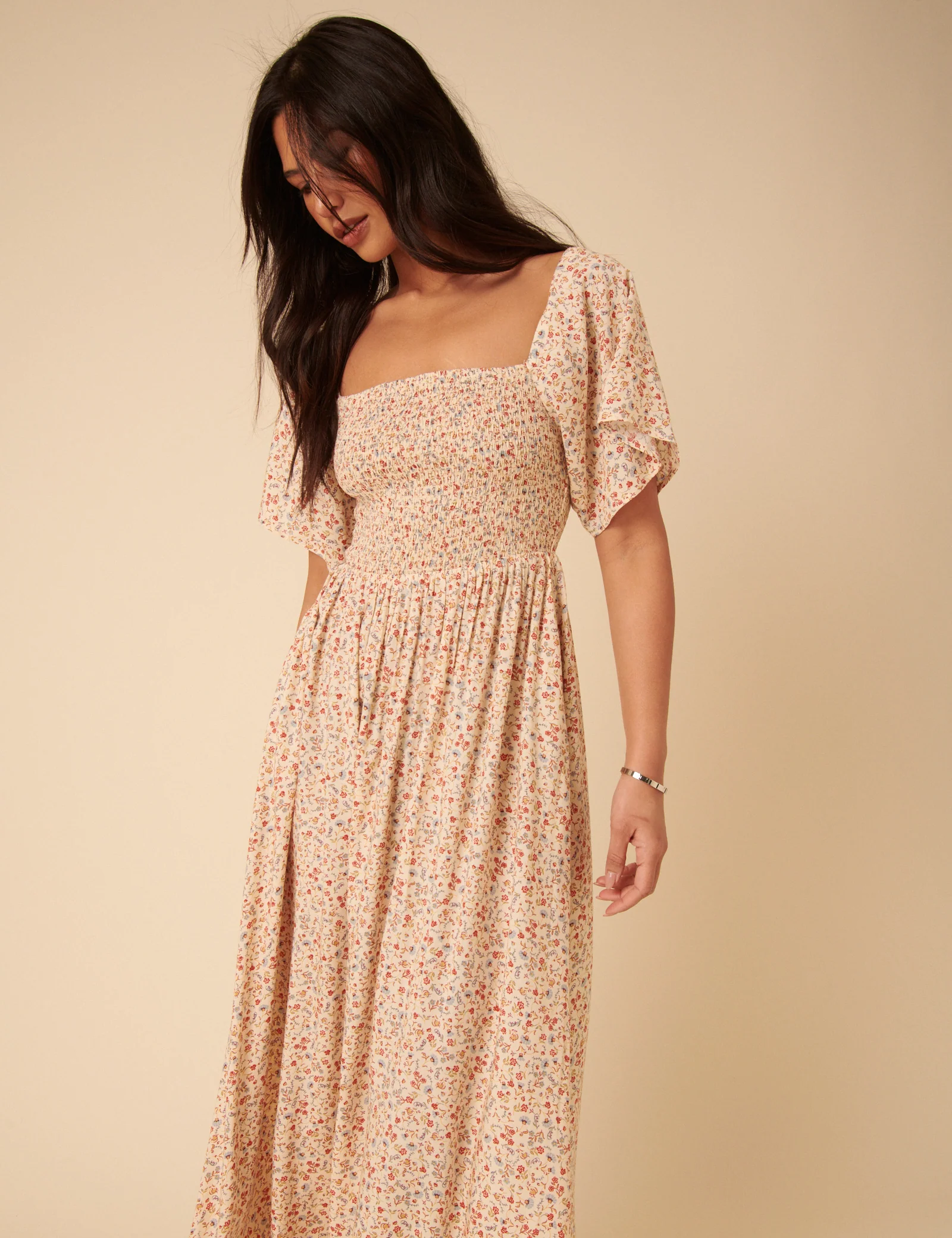Cream Ditsy Floral Bella Midi Dress - Image 4
