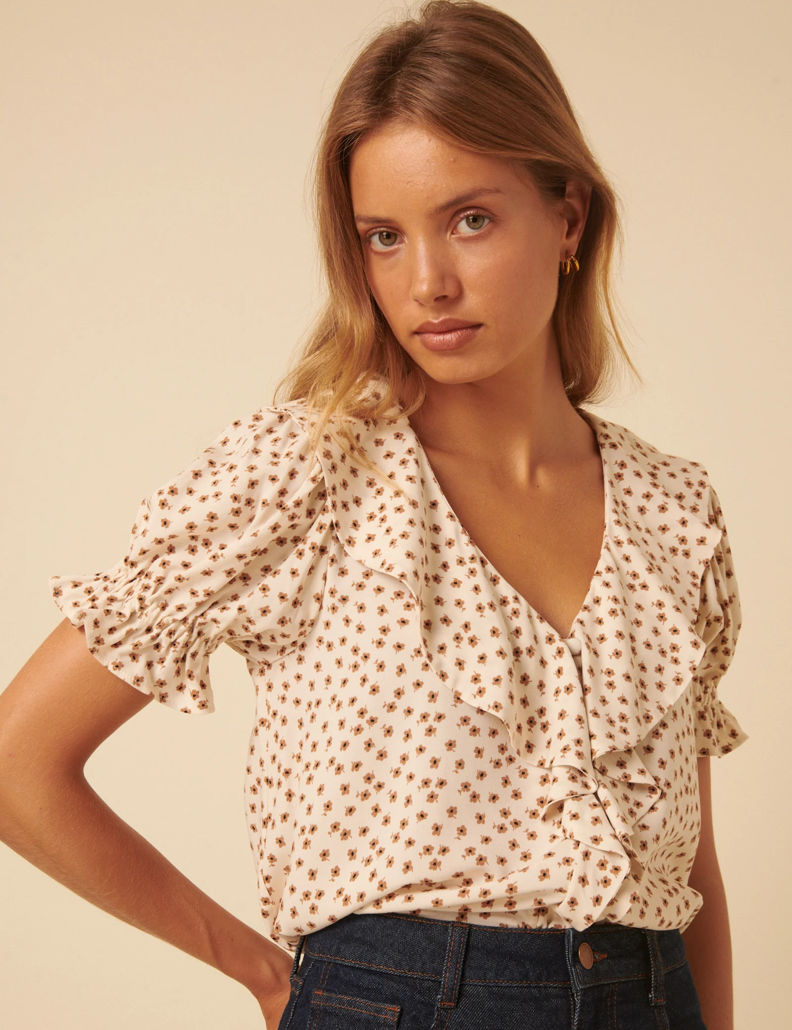Cream Ditsy Floral Puff Sleeve Blouse - Image 2