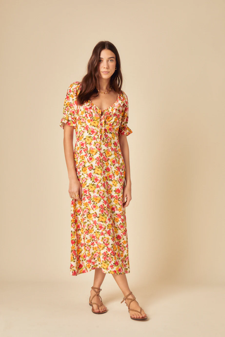 Cream Floral Print Rye Midi Dress
