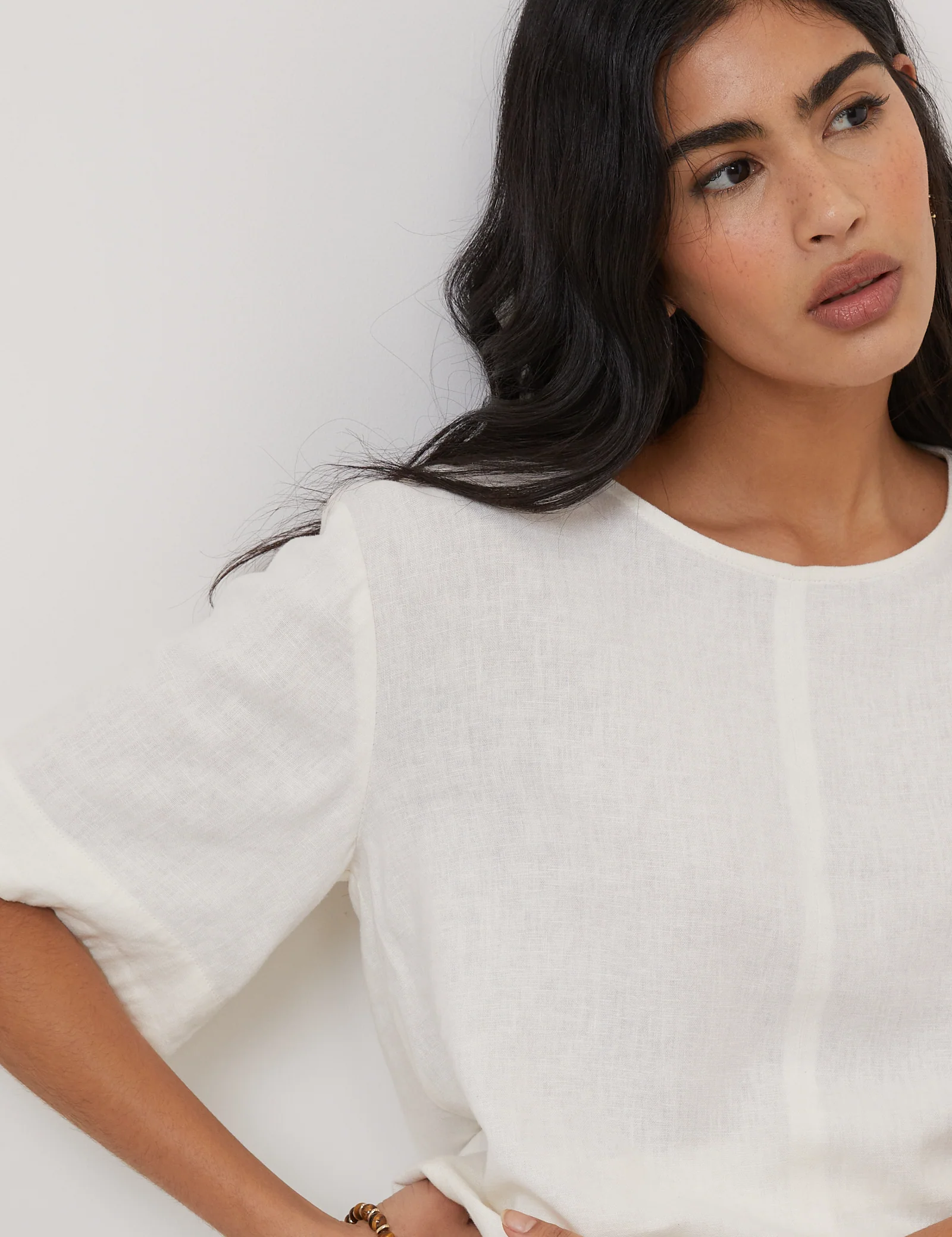 Cream Linen-blend Short-Sleeve Top - Image 3
