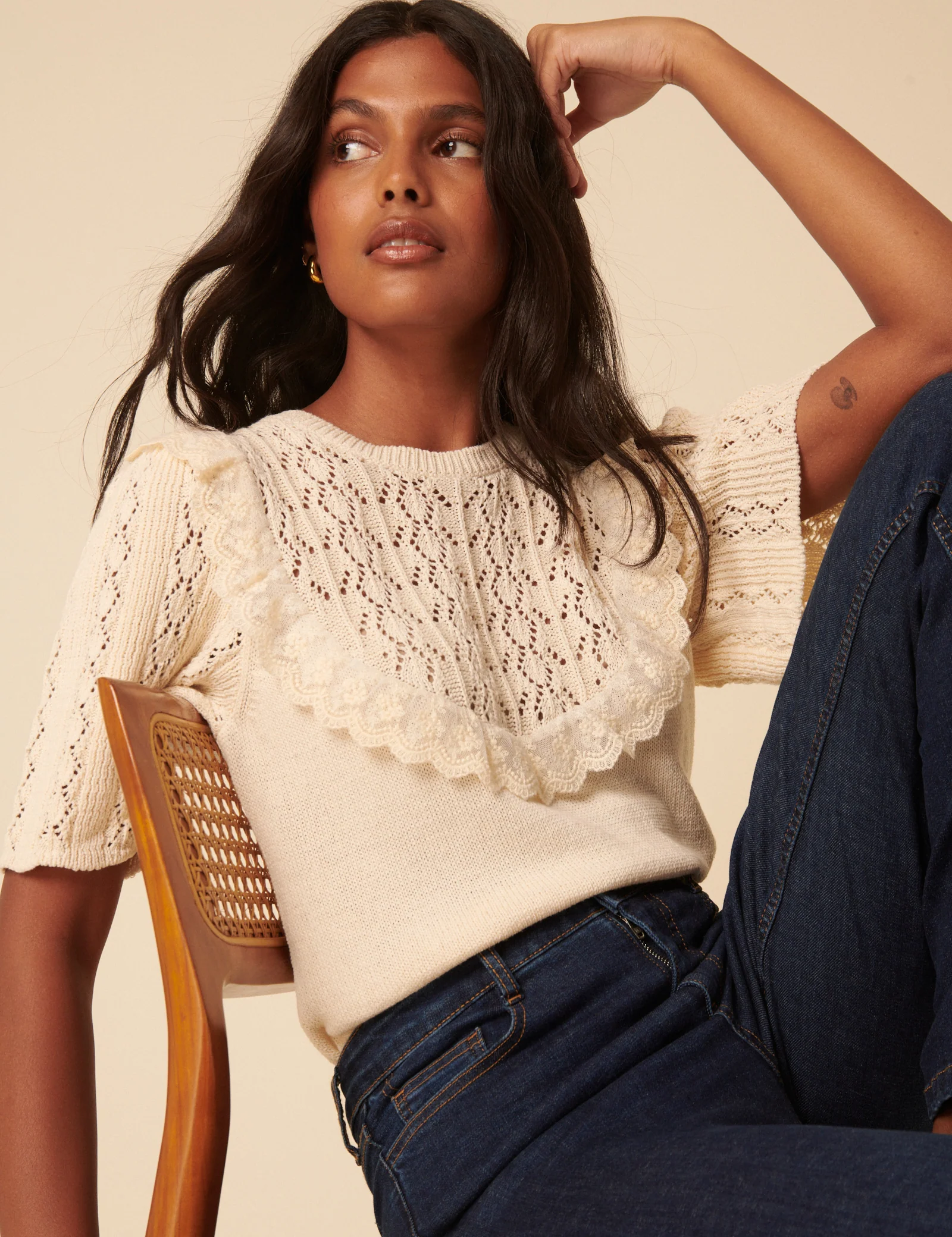 Cream Pointelle Knitted Top