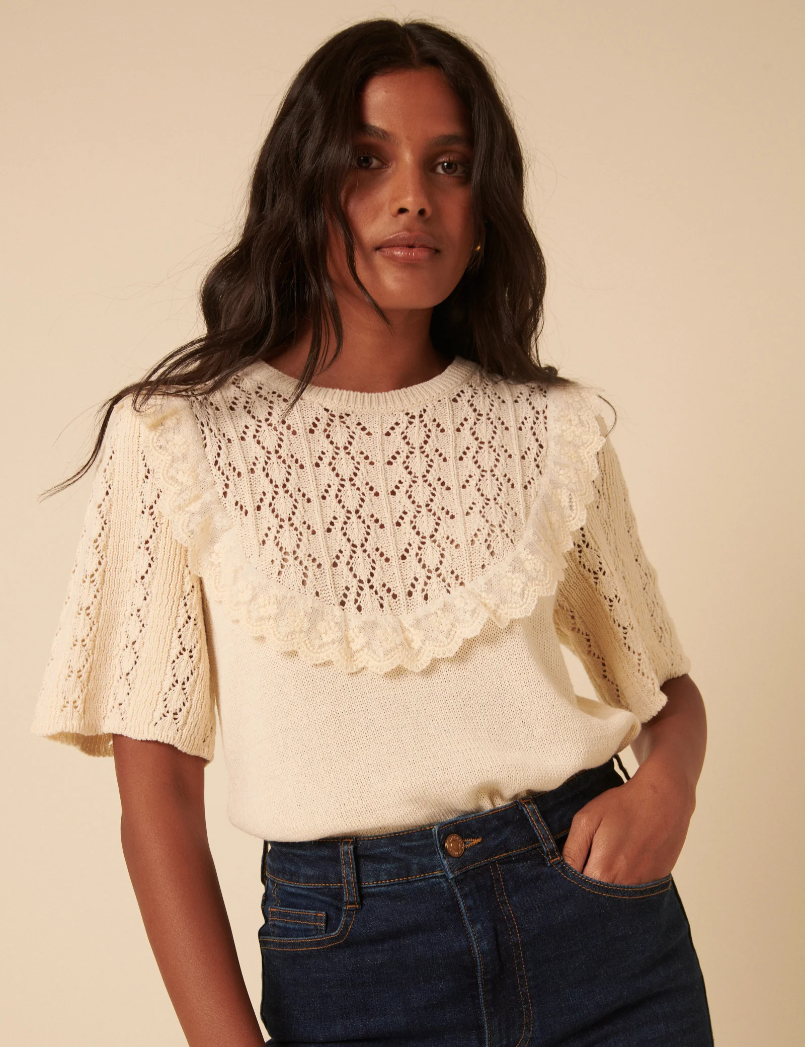Cream Pointelle Knitted Top - Image 3