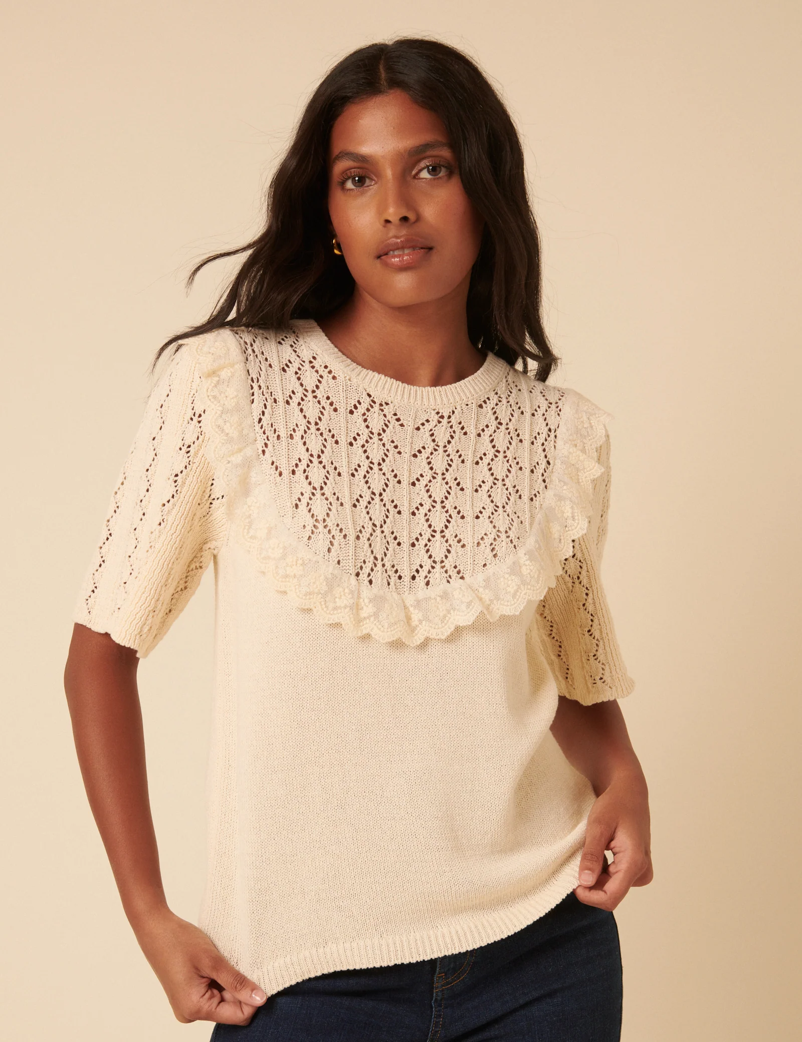 Cream Pointelle Knitted Top - Image 4