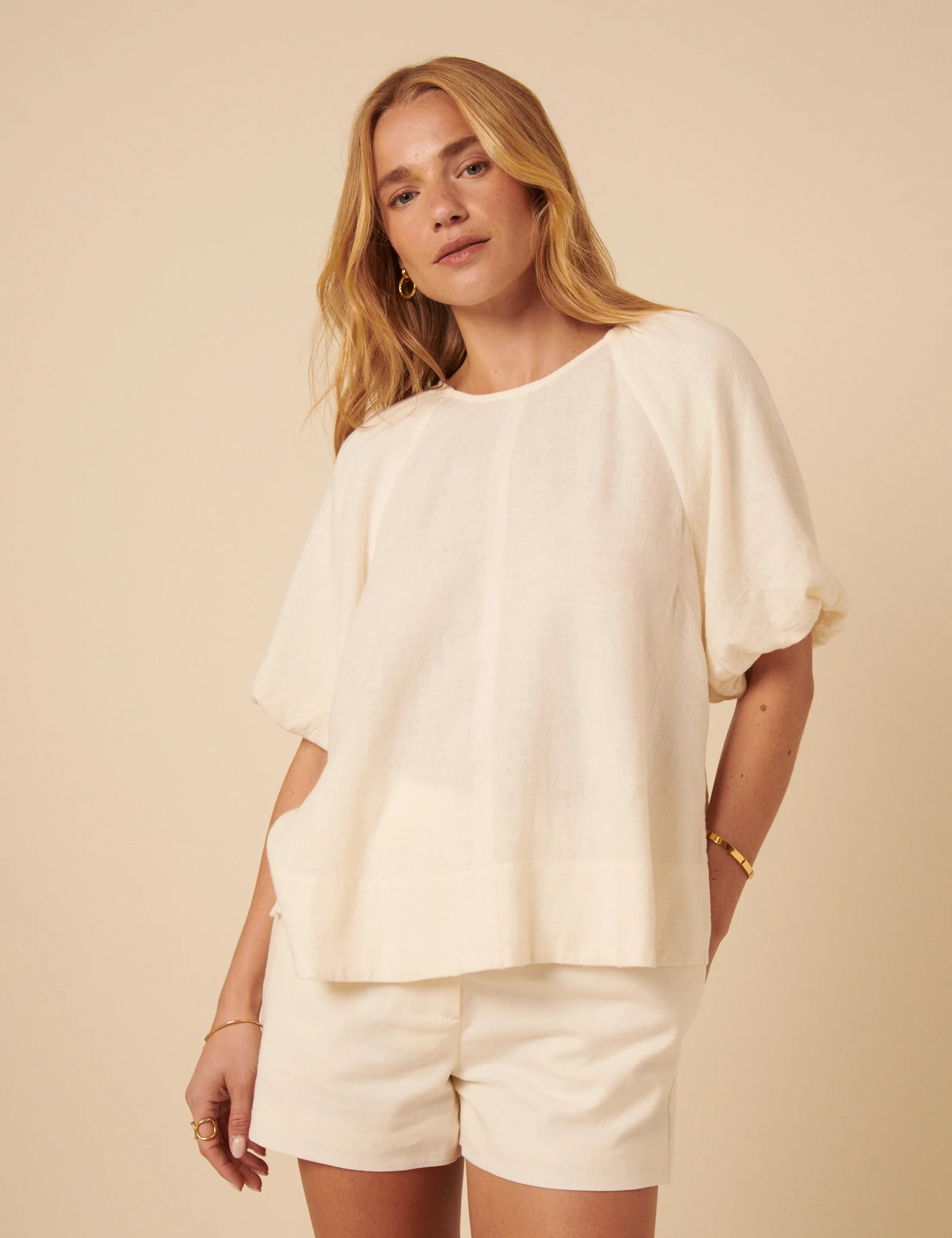 Cream Linen-blend Puff Sleeve Top