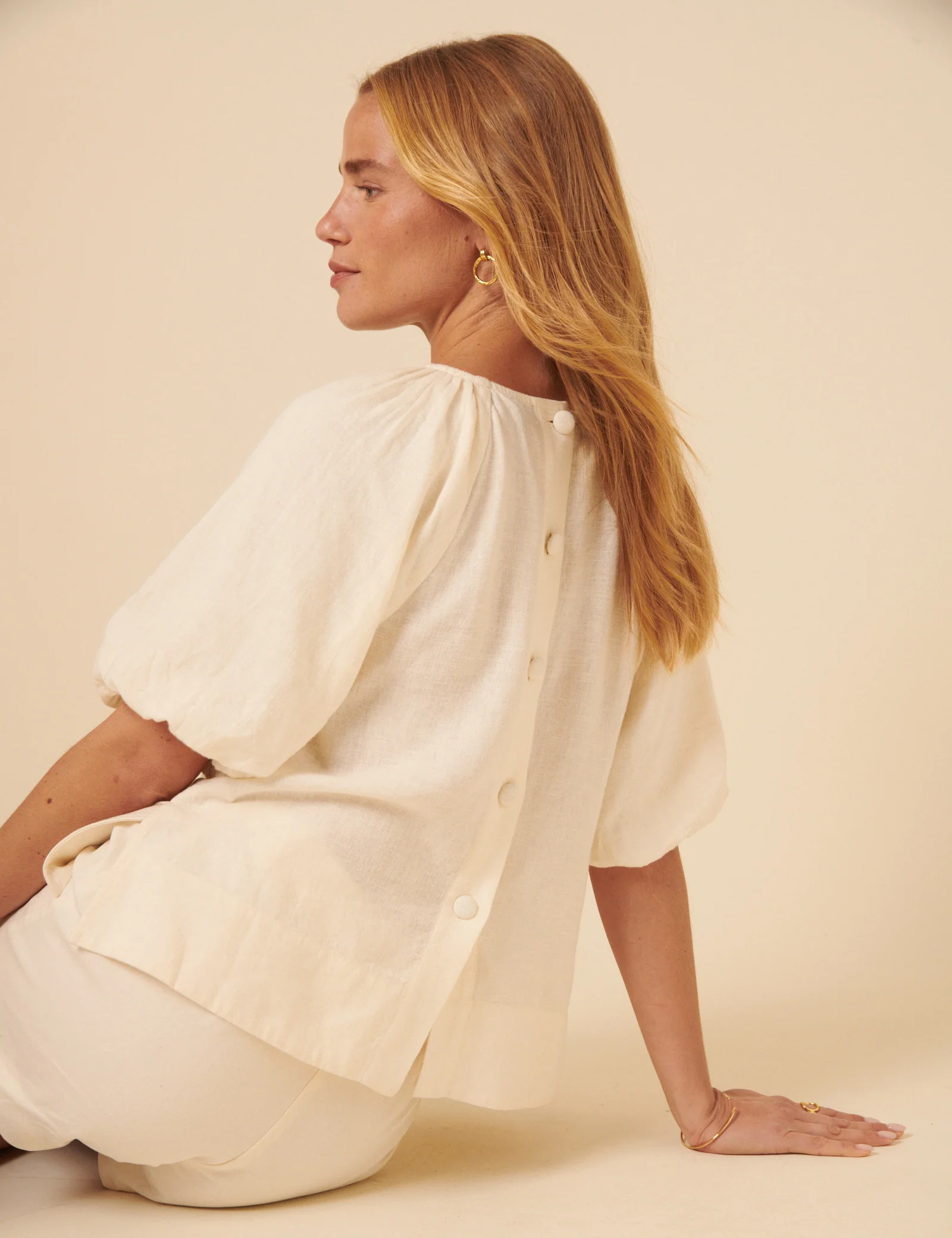 Cream Linen-blend Puff Sleeve Top - Image 3