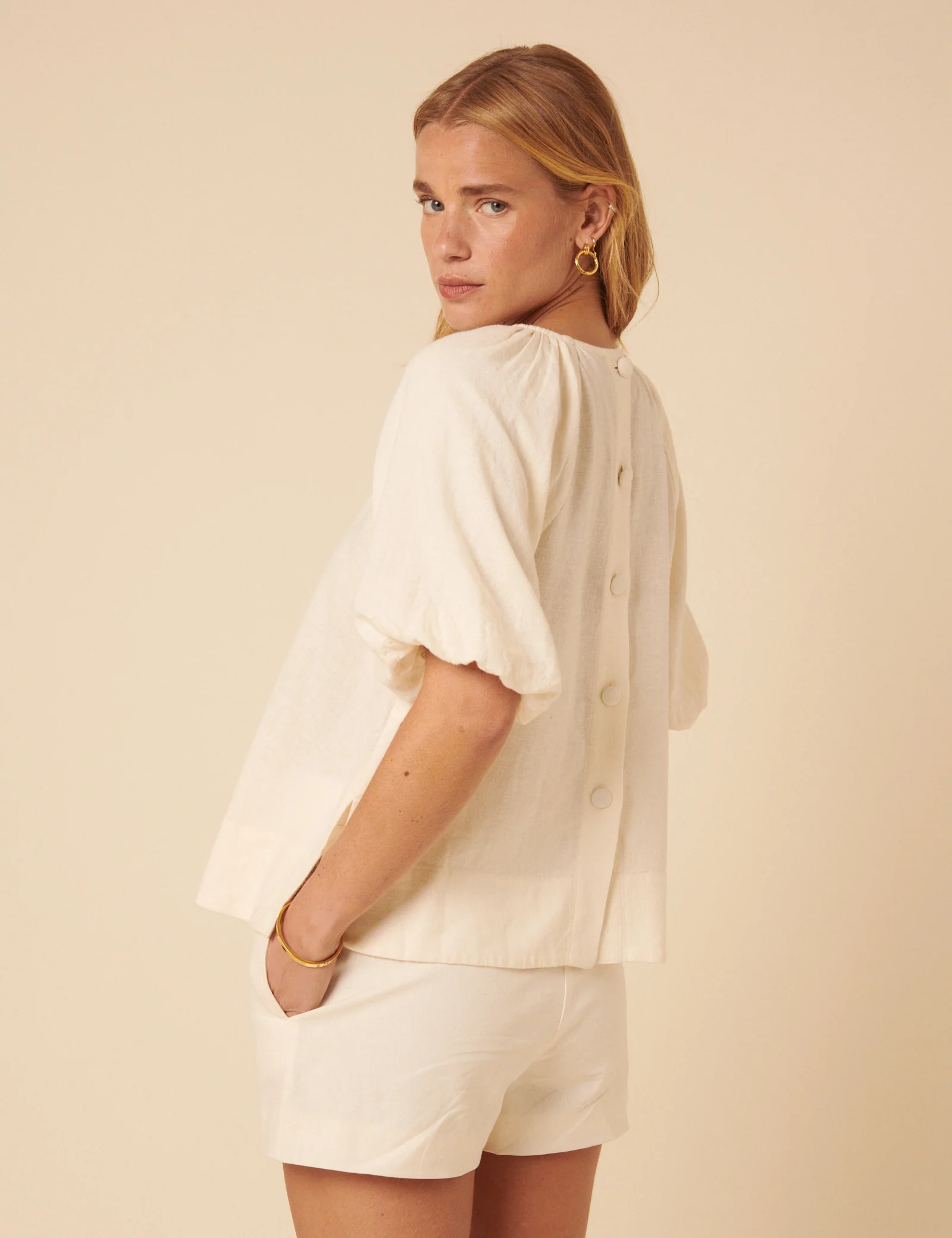 Cream Linen-blend Puff Sleeve Top - Image 5