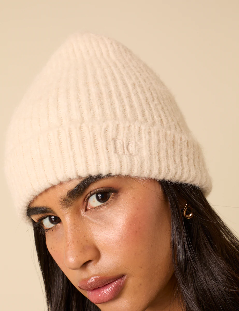 Cream Ribbed Beanie Hat - Image 2