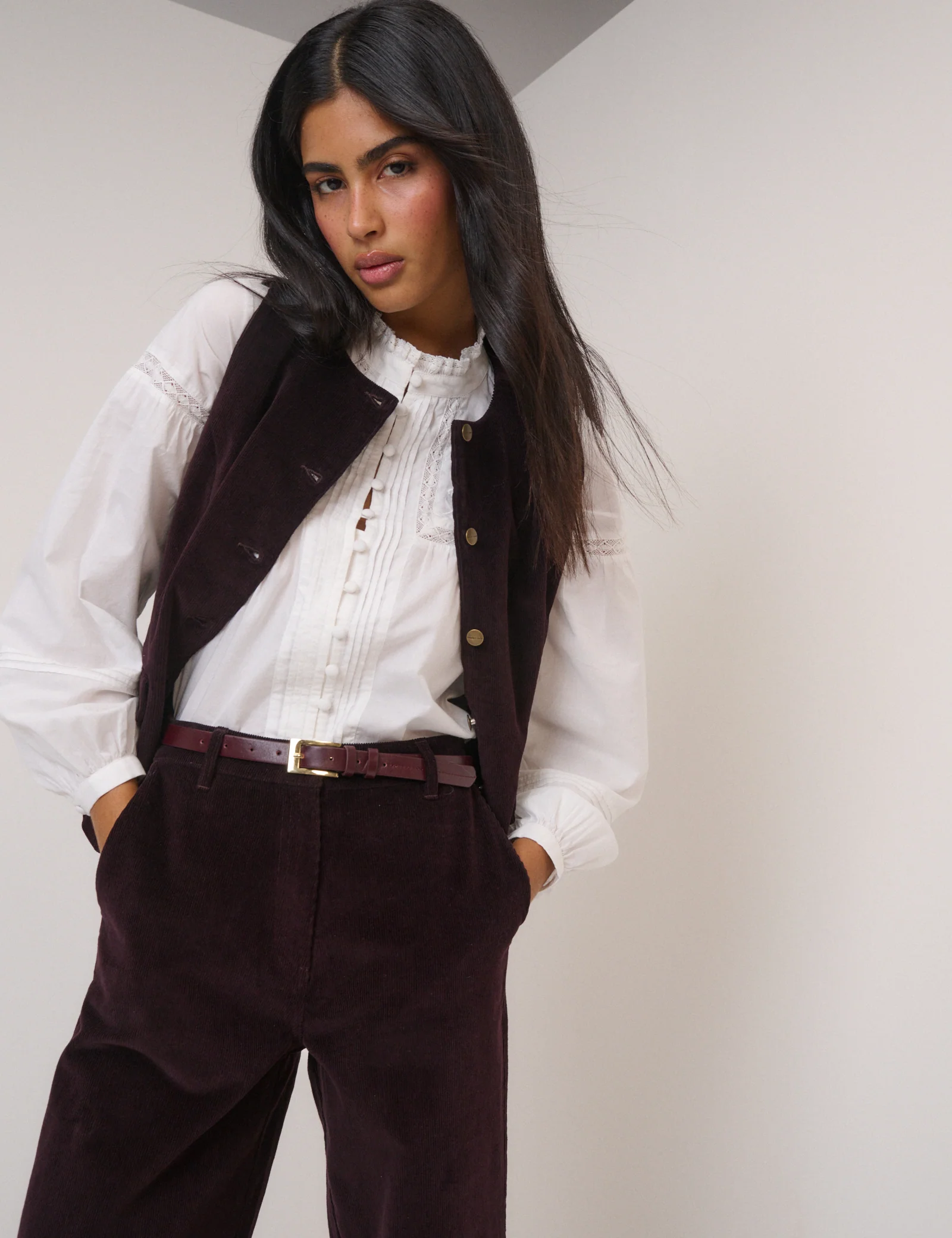 Black Cherry Cord Crew Neck Waistcoat - Image 4
