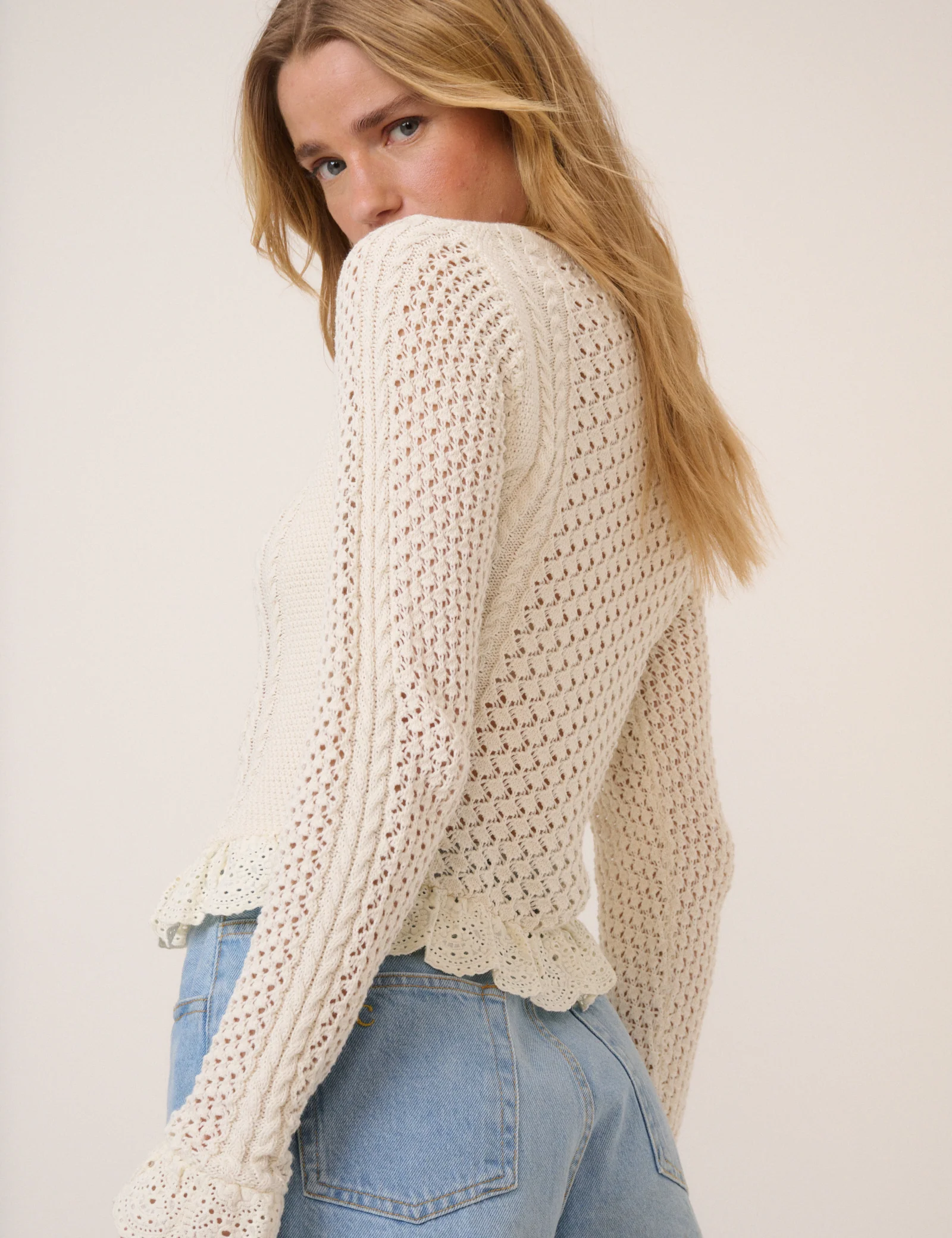 Cream Crochet Frill Button Through Top - Image 5