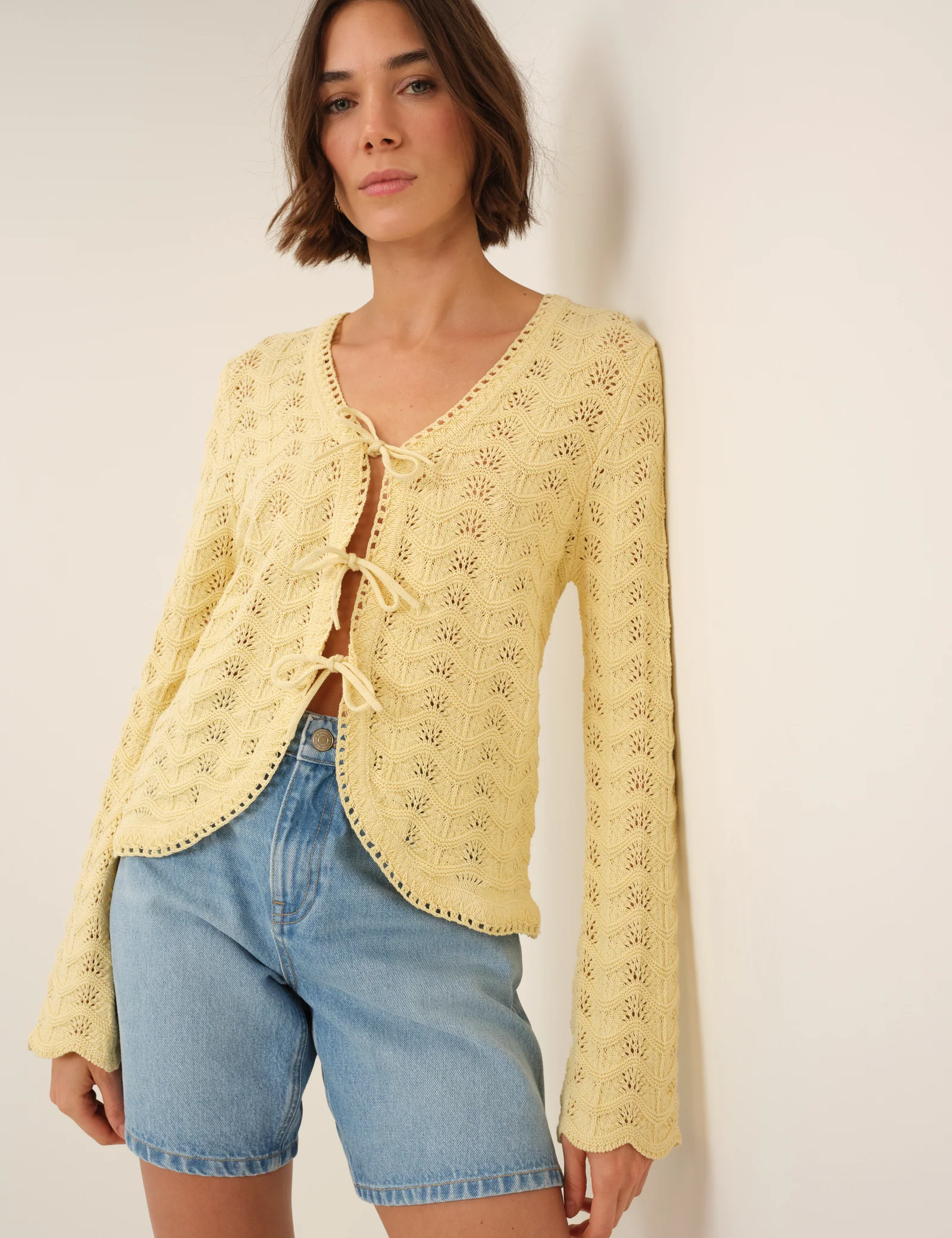 Butter Yellow Pointelle Knit Cardigan - Image 3