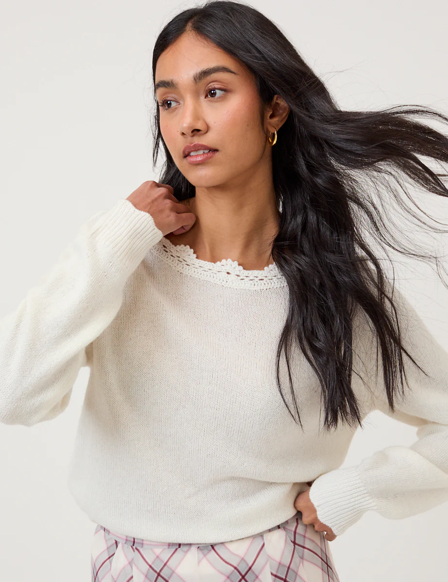 White Crochet Trim V-Neck Jumper - Image 3