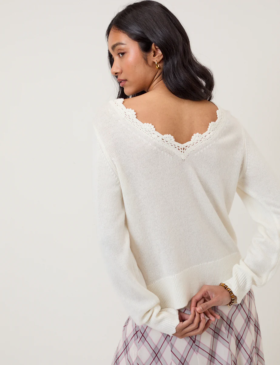 White Crochet Trim V-Neck Jumper - Image 5