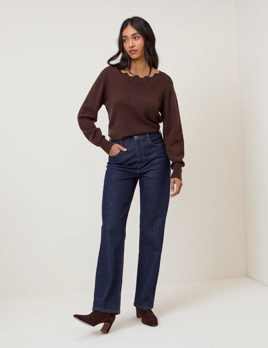 Chocolate Brown Crochet Trim V-Neck Jumper - Image 4