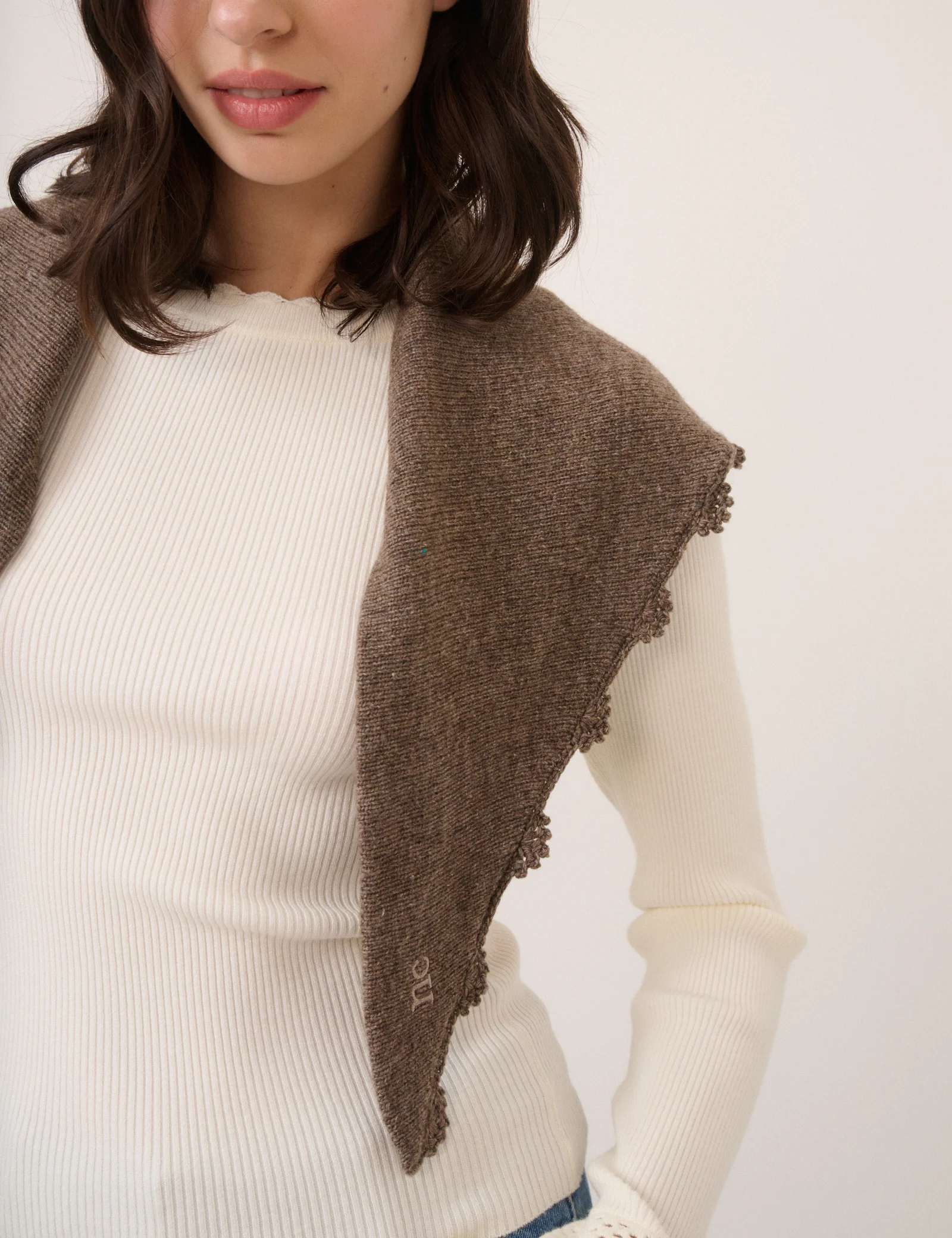 Brown Crochet Trim Triangle Scarf - Image 4