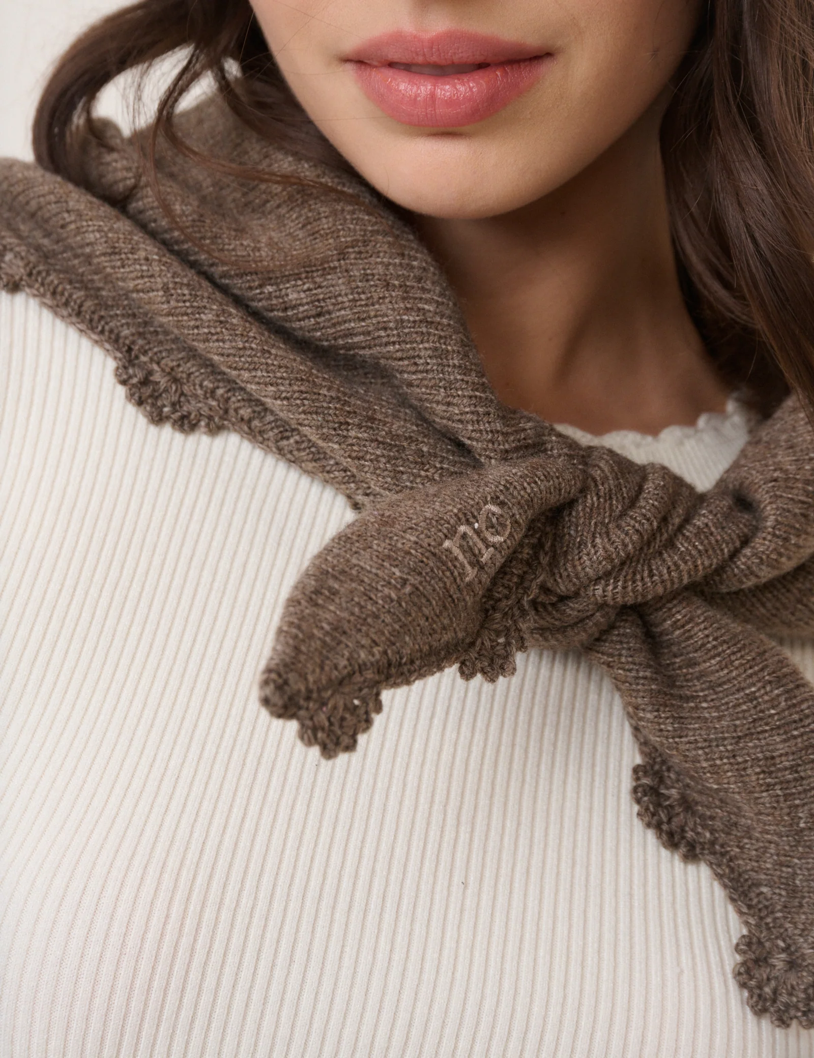 Brown Crochet Trim Triangle Scarf - Image 5