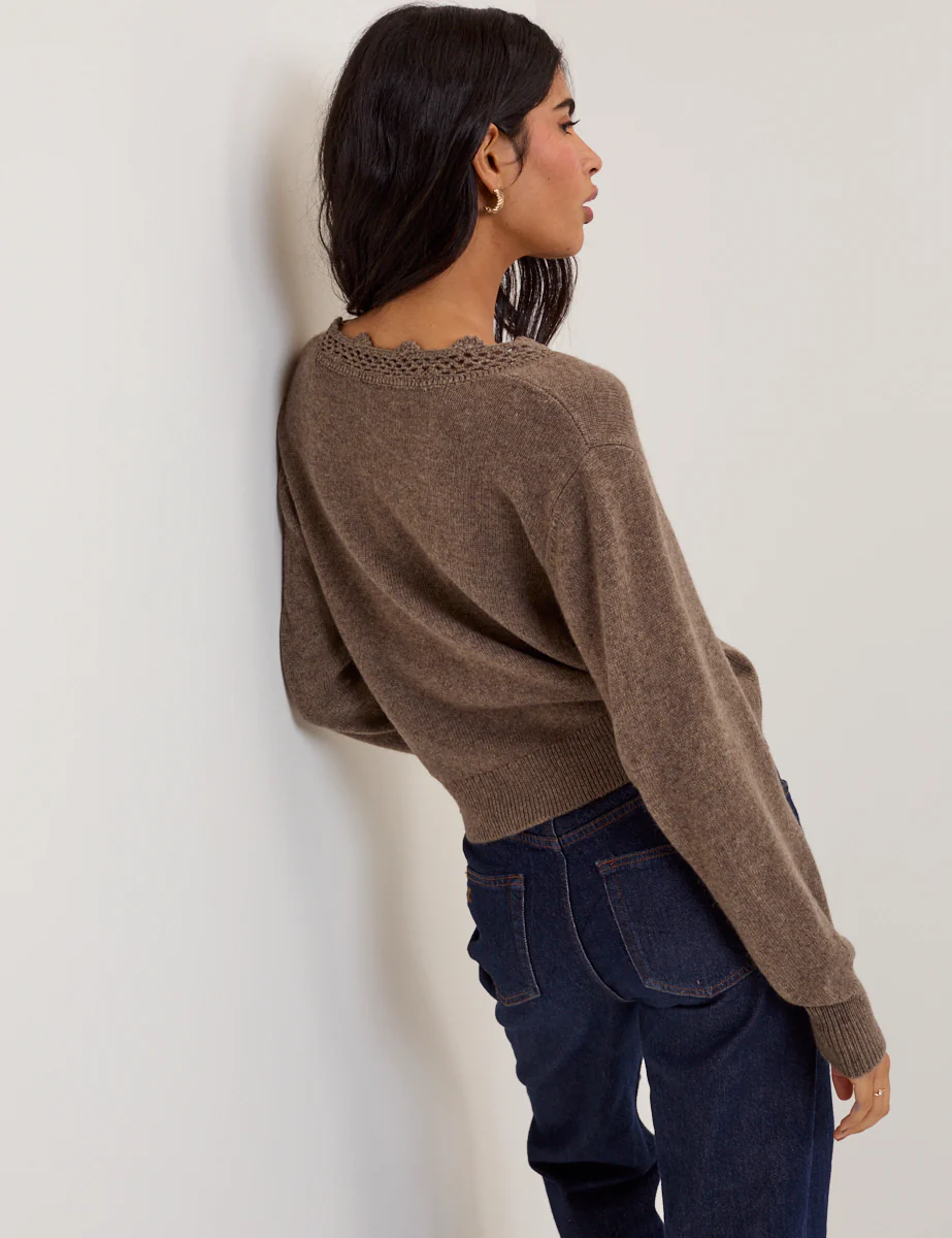 Brown Wool Blend Crochet Trim V-Neck Cardigan - Image 5