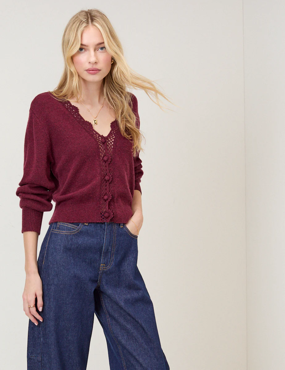 Burgundy Crochet Trim V Neck Cardigan - Image 3