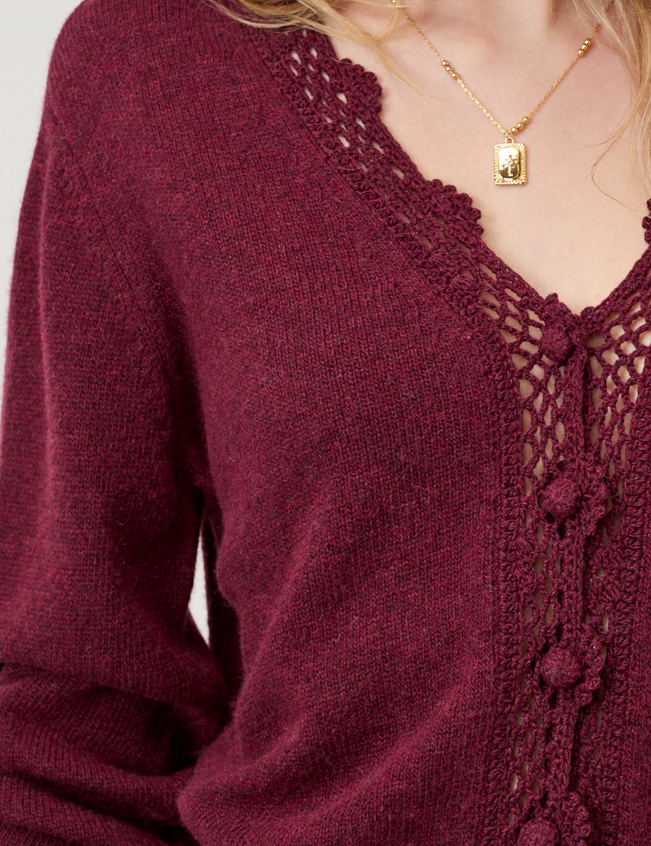 Burgundy Crochet Trim V Neck Cardigan - Image 4