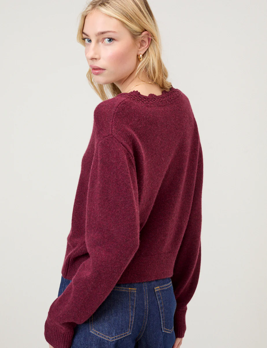 Burgundy Crochet Trim V Neck Cardigan - Image 5