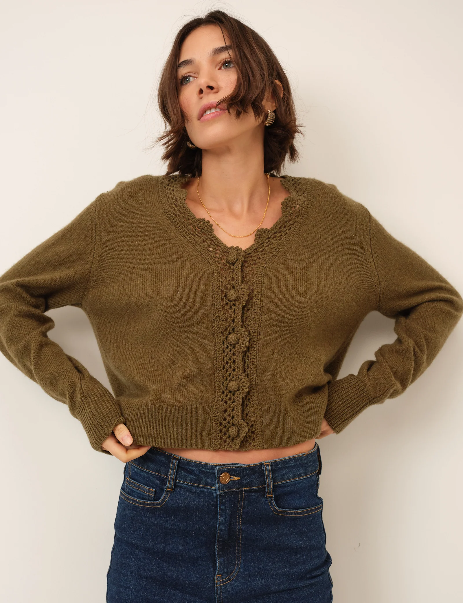 Green Wool Blend Crochet Trim V Neck Cardigan