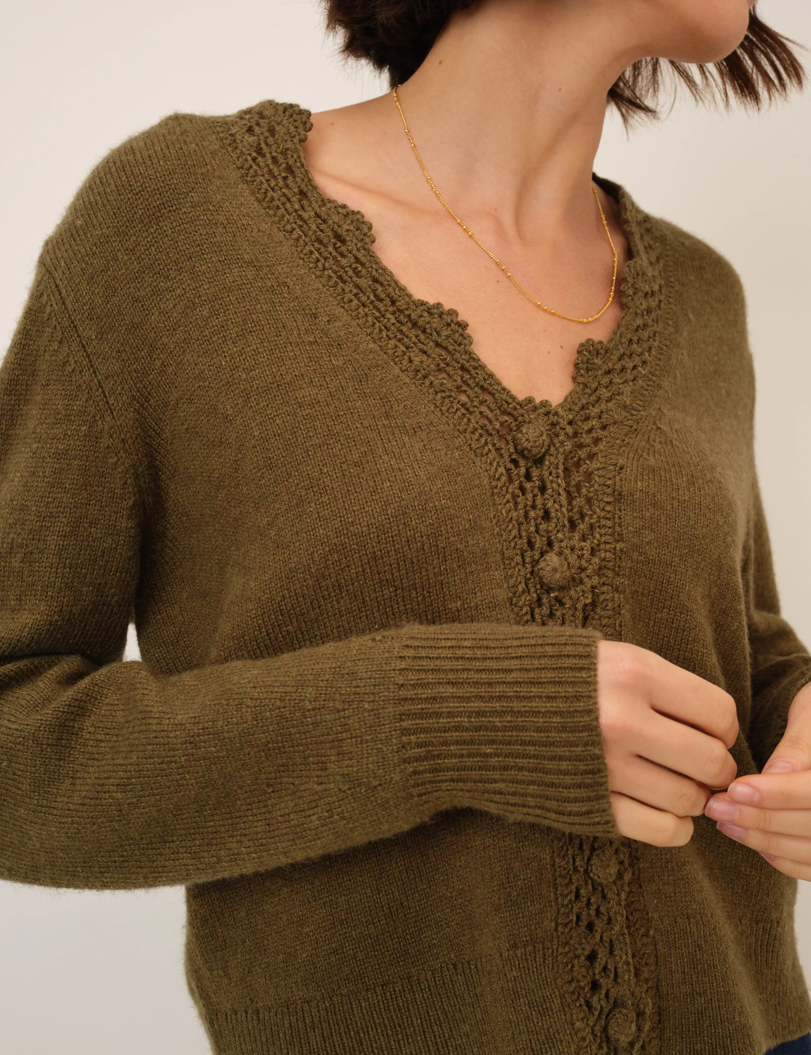 Green Wool Blend Crochet Trim V Neck Cardigan - Image 2