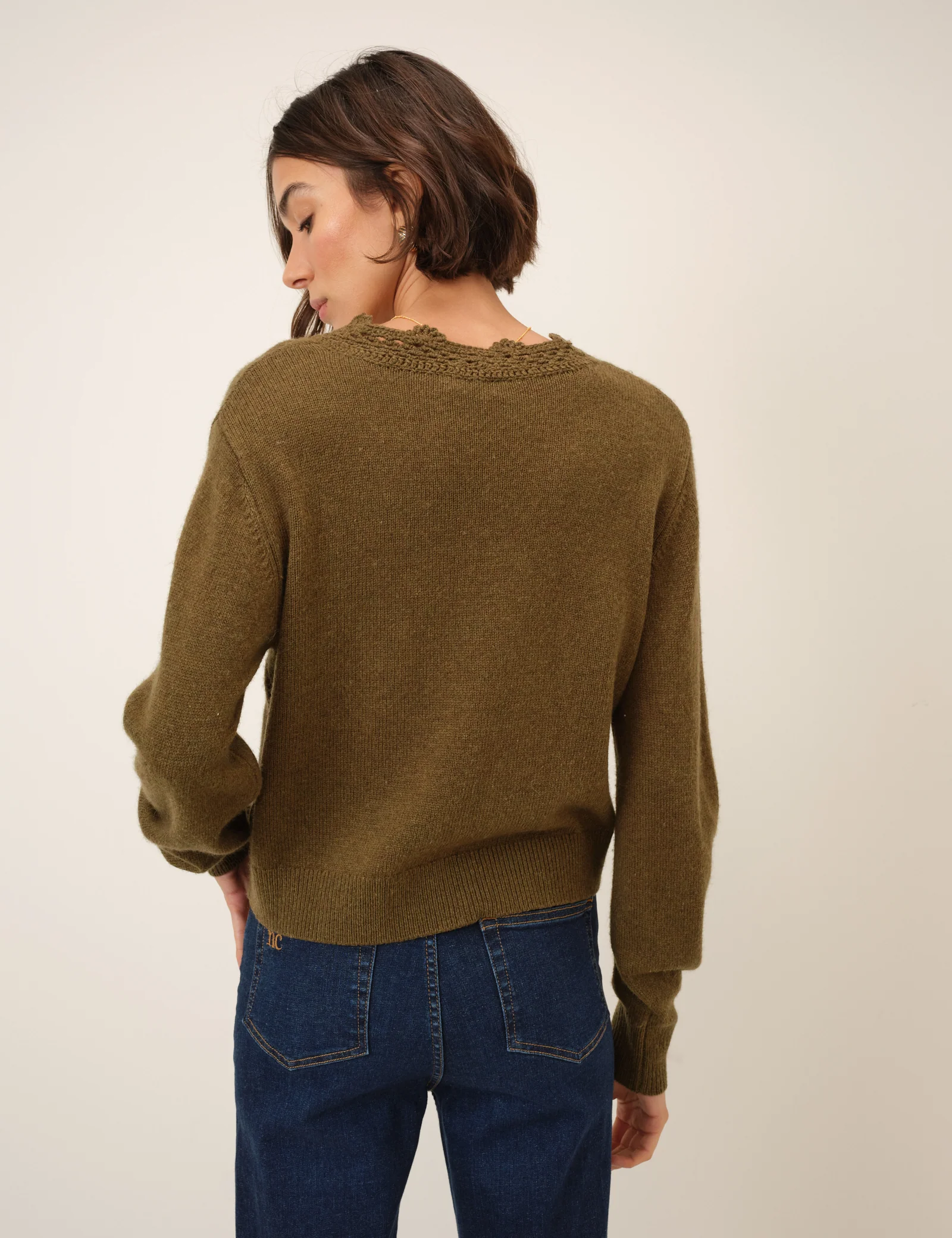 Green Wool Blend Crochet Trim V Neck Cardigan - Image 5