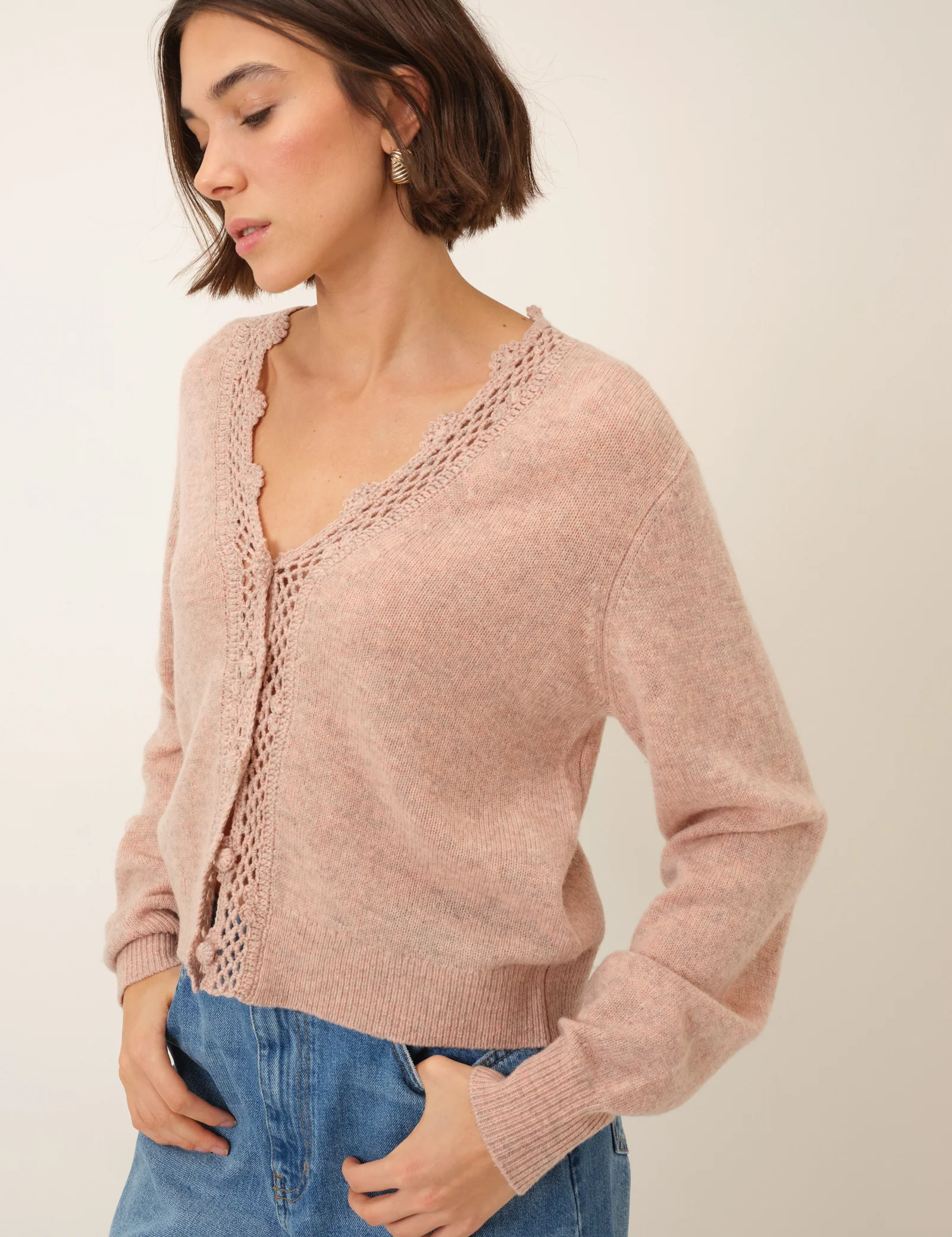 Pink Crochet Trim V Neck Cardigan - Image 3