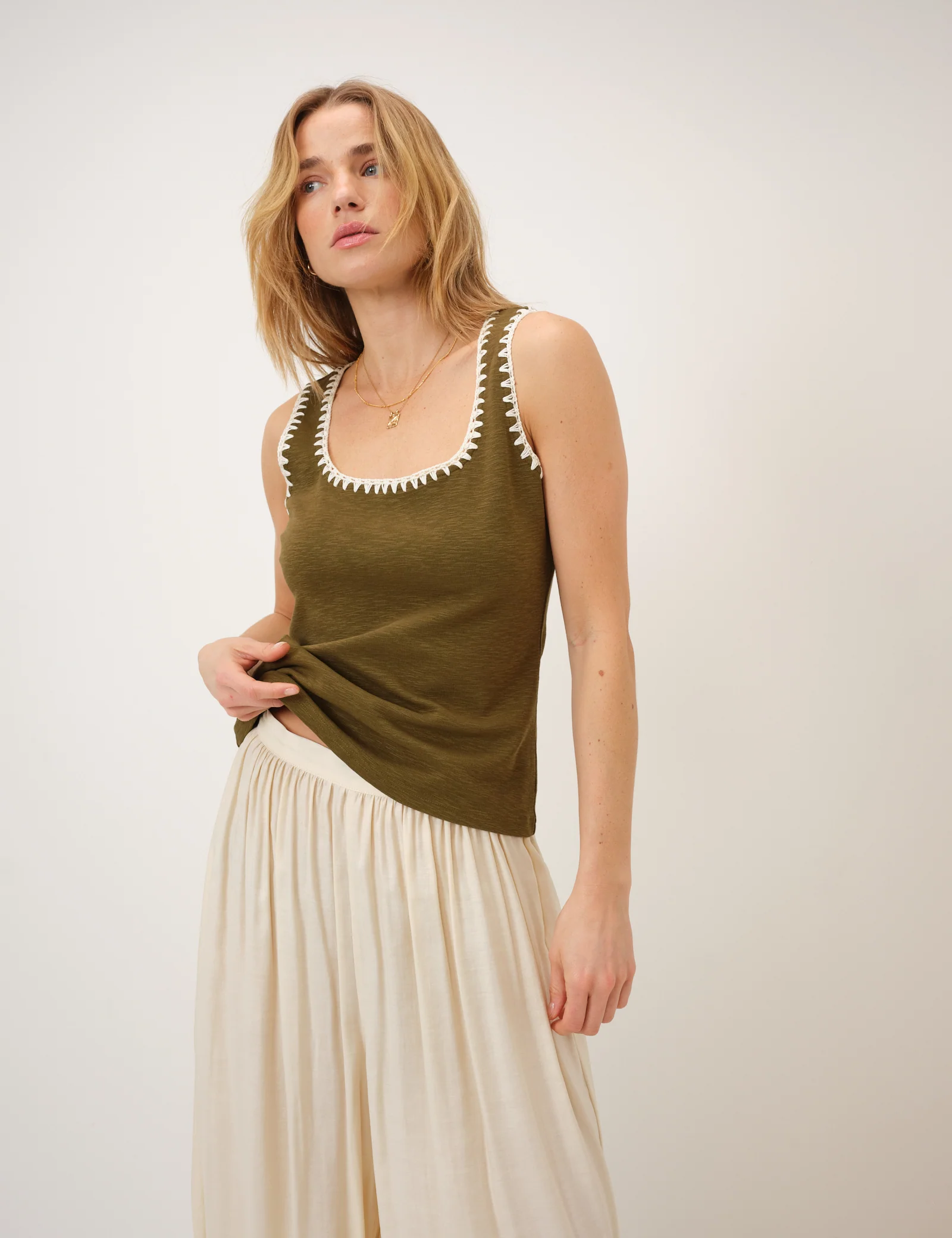 Khaki Crochet Trim Vest - Image 2