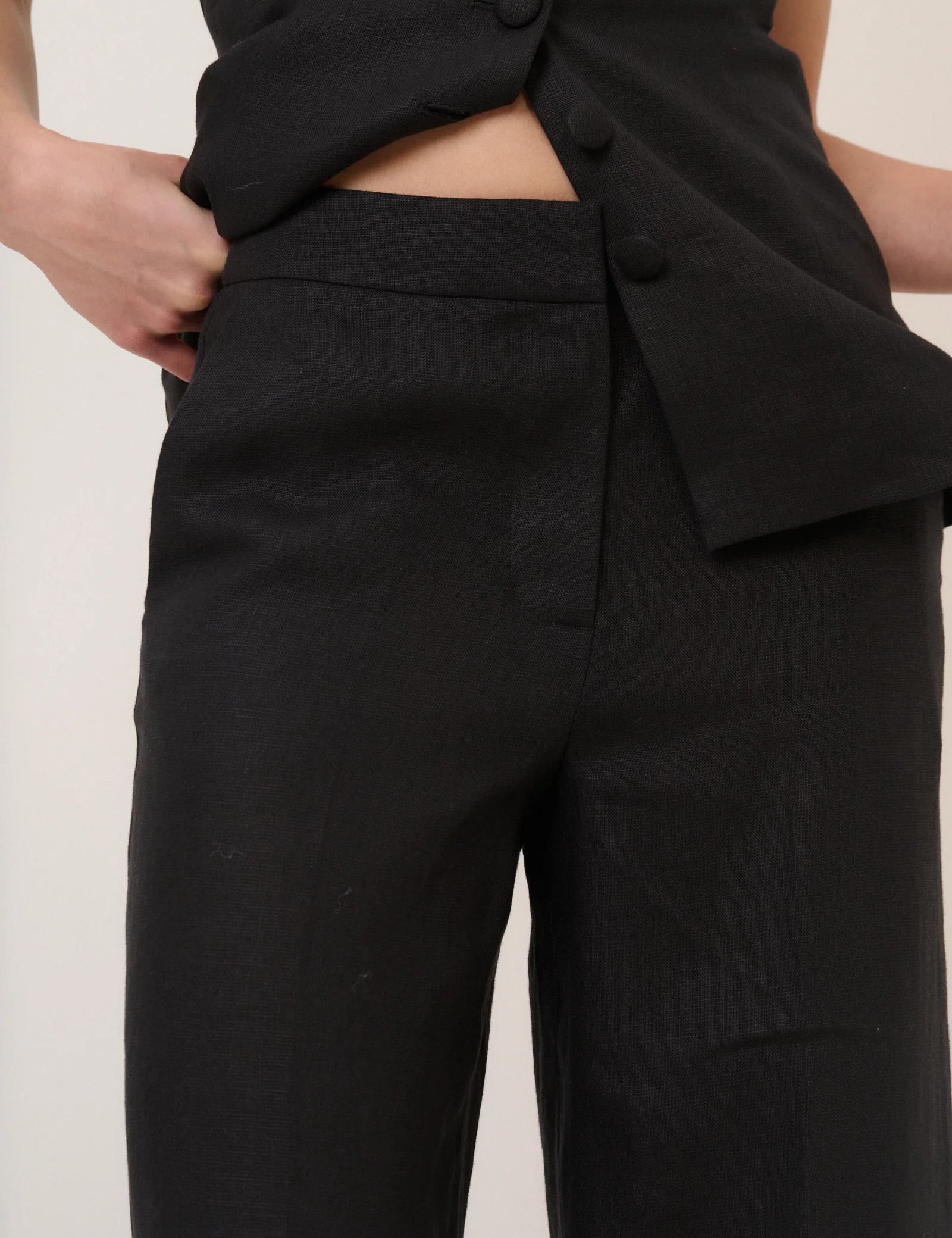 Black Cropped Flat Front Trousers - Image 3