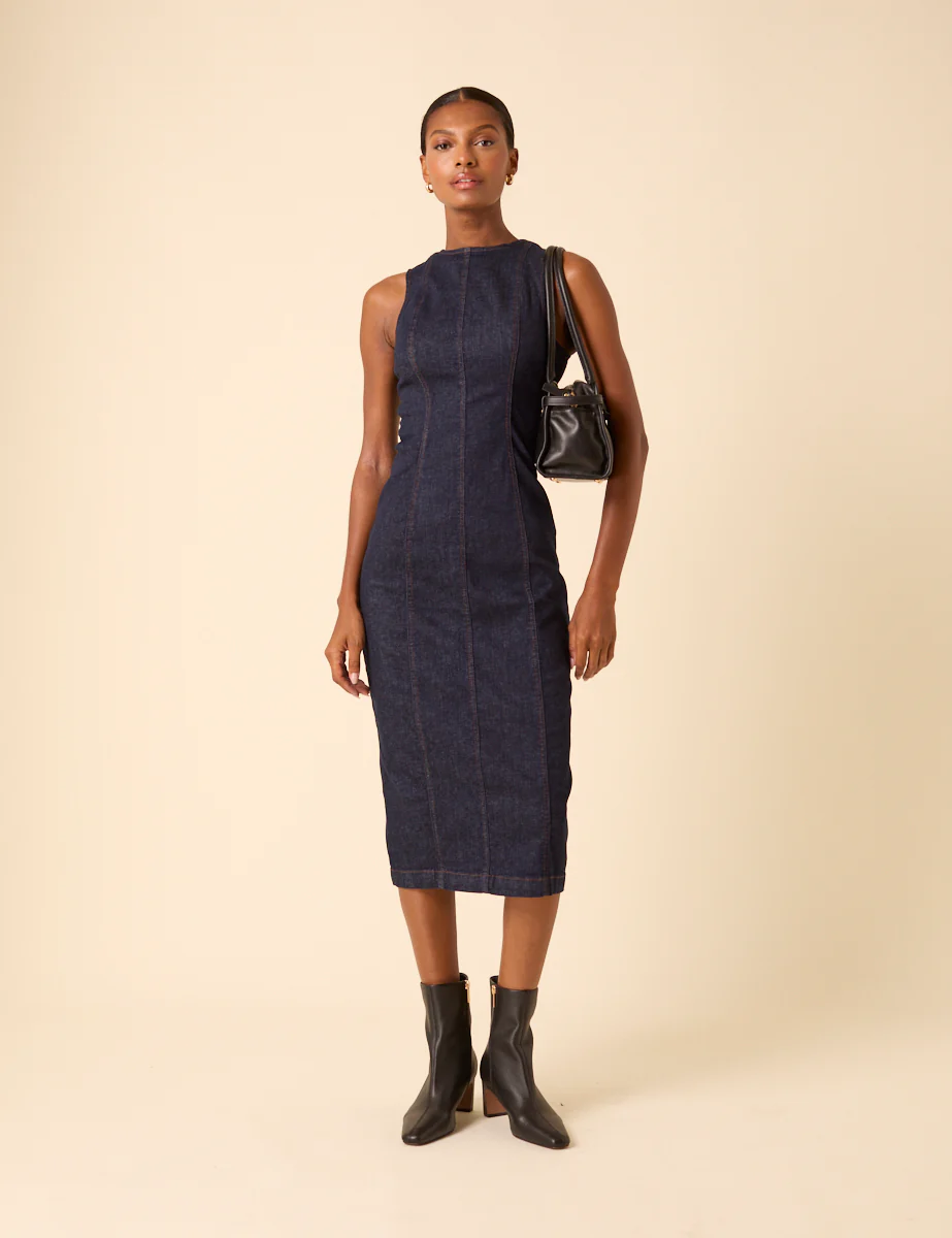 Dark Blue Denim Sleeveless Stretch Column Midi Dress - Image 3