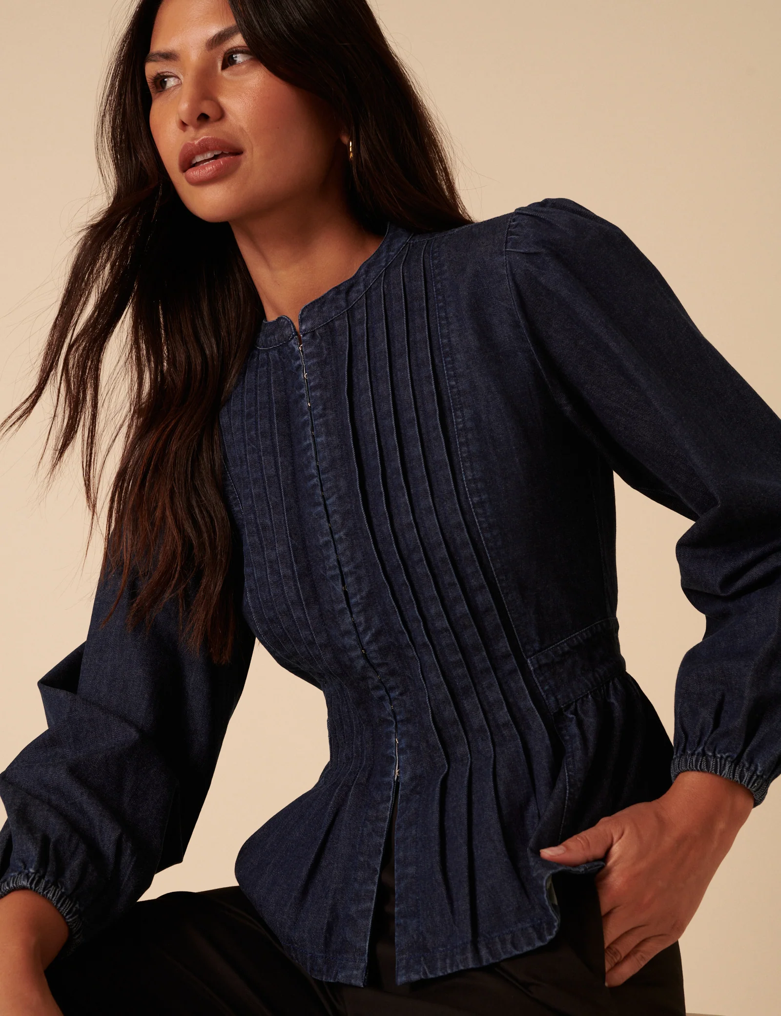 Dark Denim Pintuck Denim Blouse - Image 2