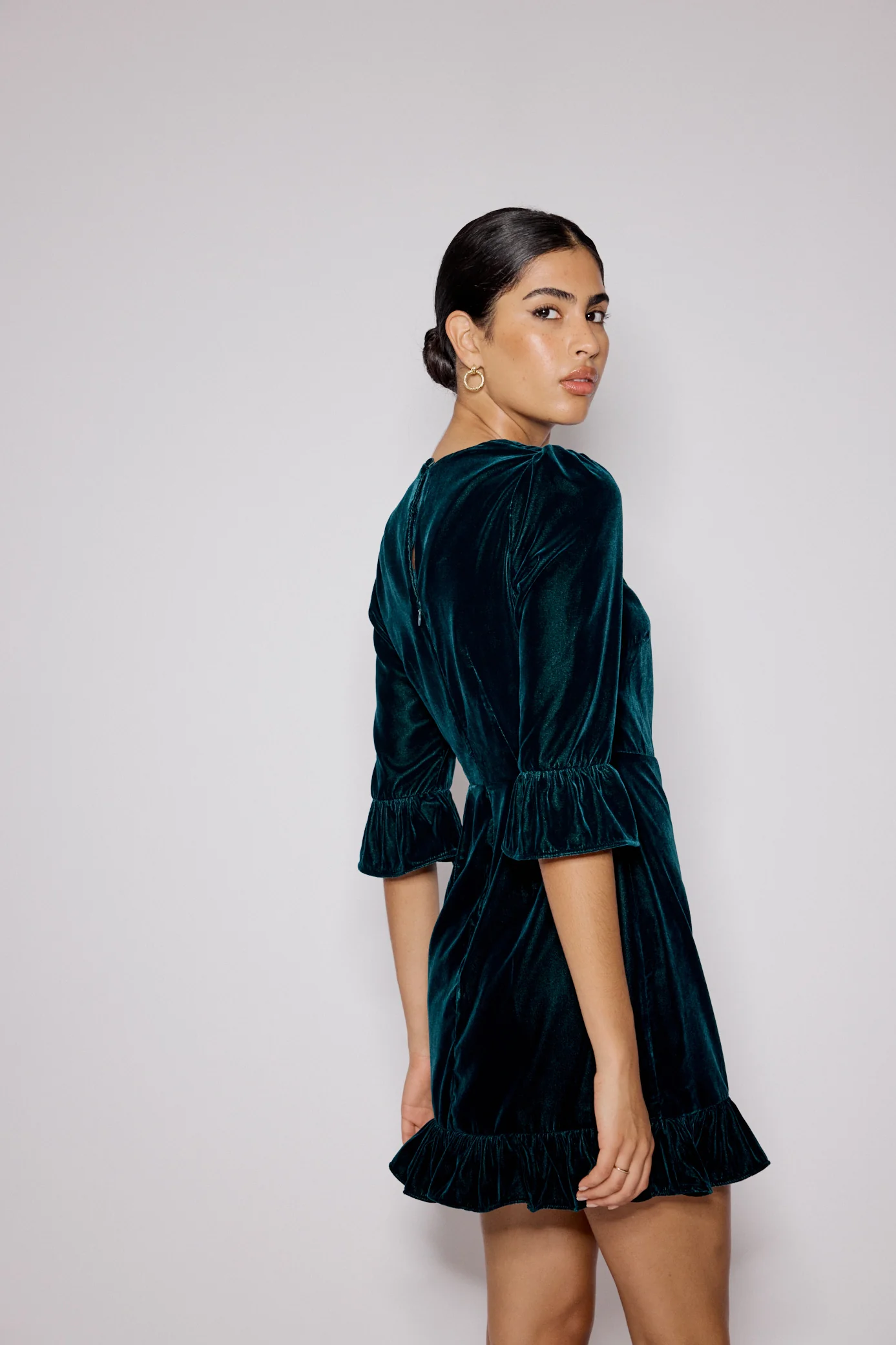 Dark Green Velvet Fleur Mini Dress - Image 6
