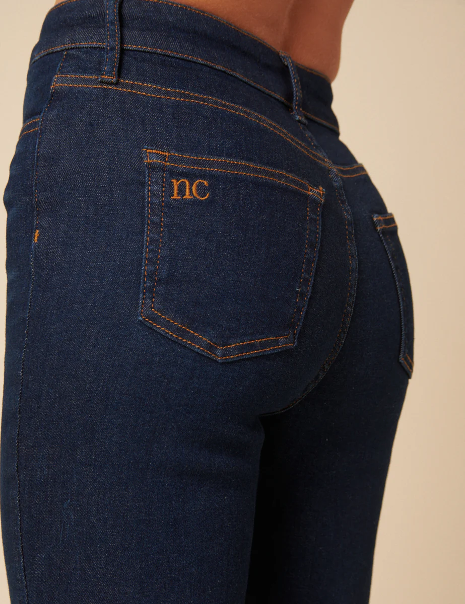 Dark Blue High Rise Cropped Kick Flare Jeans - Image 4
