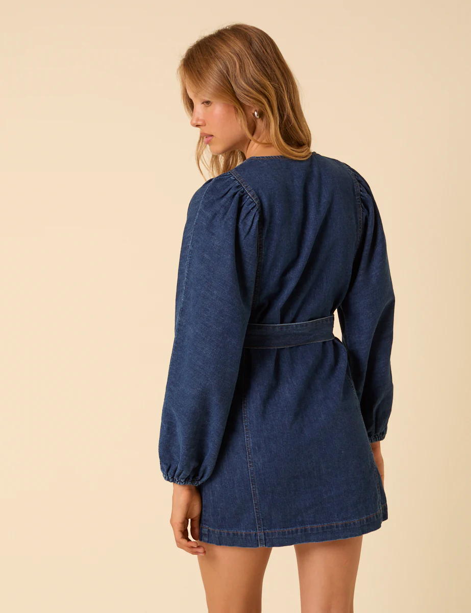 Dark Blue Denim Carlee Tie Waist Mini Dress - Image 5
