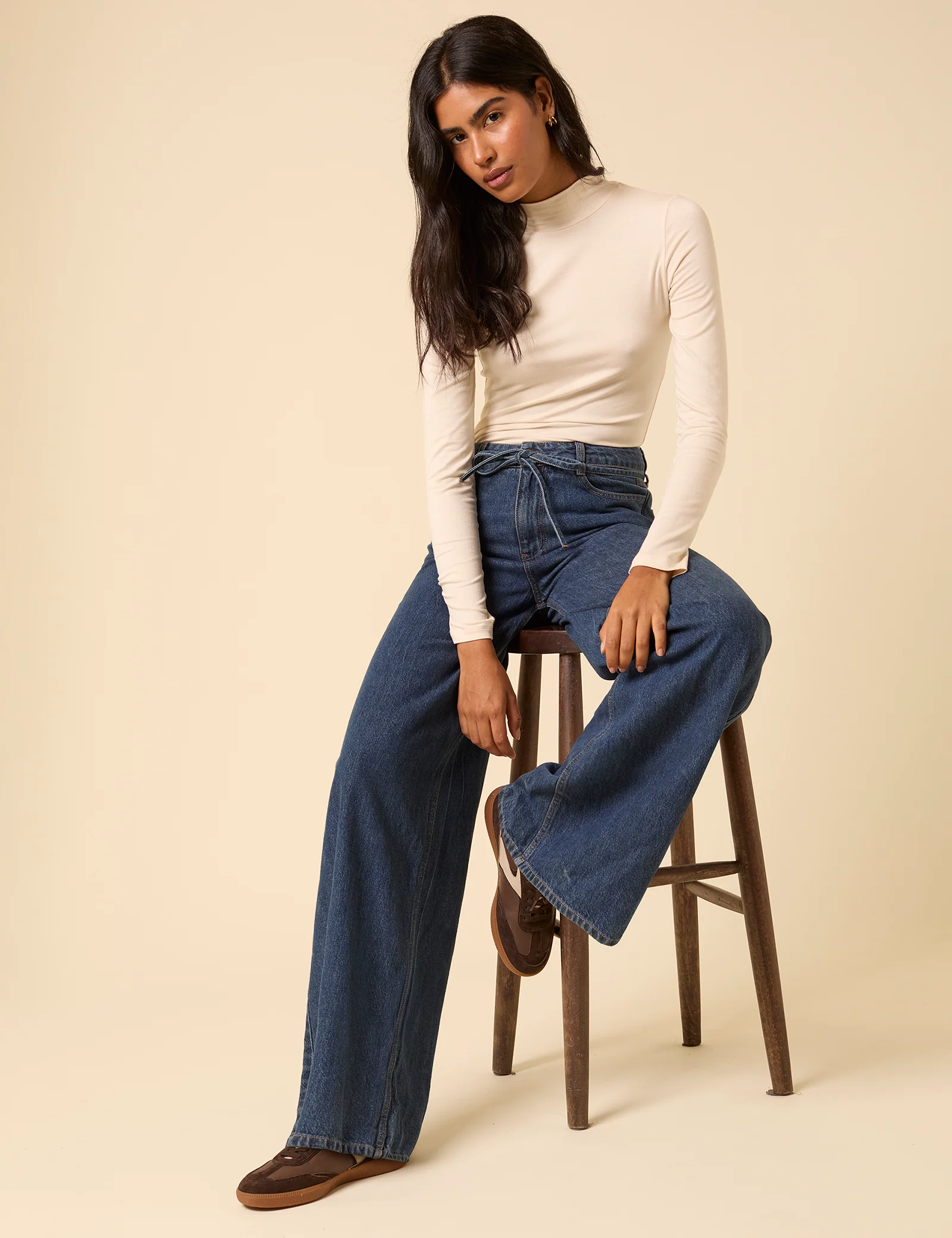 Dark Blue High Rise Tie Waist Wide Leg Jeans - Image 4