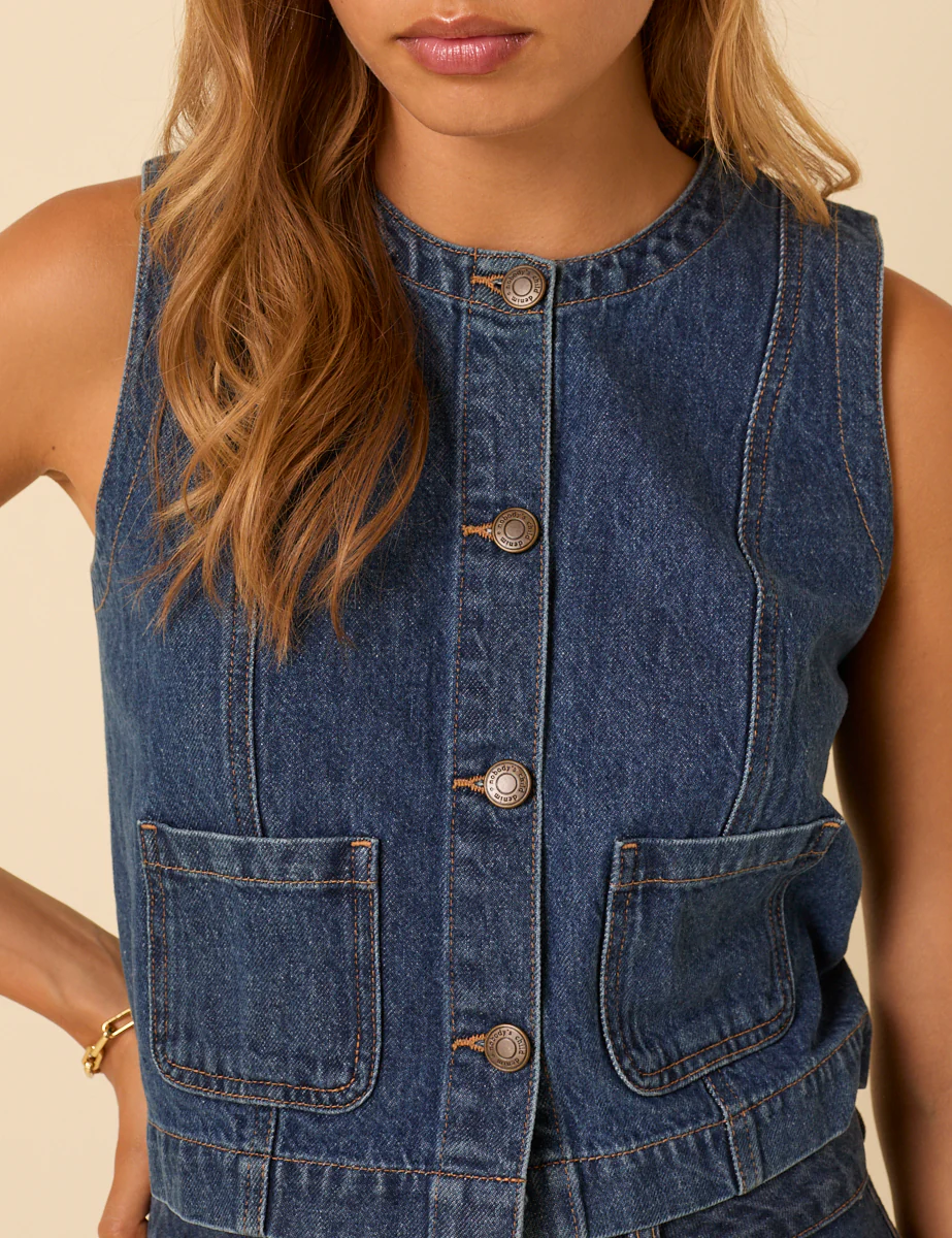 Dark Blue Denim Crew Neck Waistcoat - Image 2