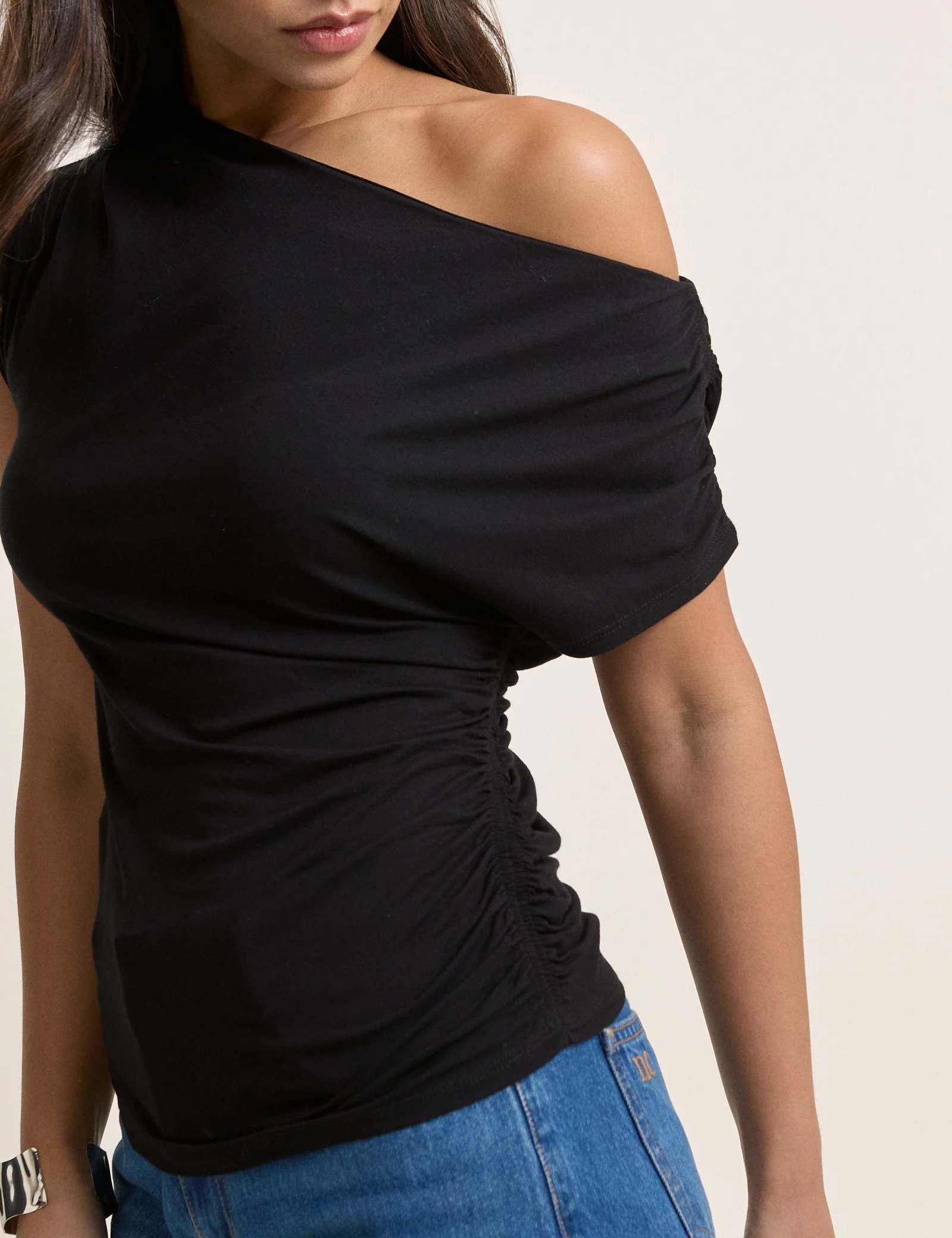 Black Draped Off Shoulder Jersey Top - Image 2