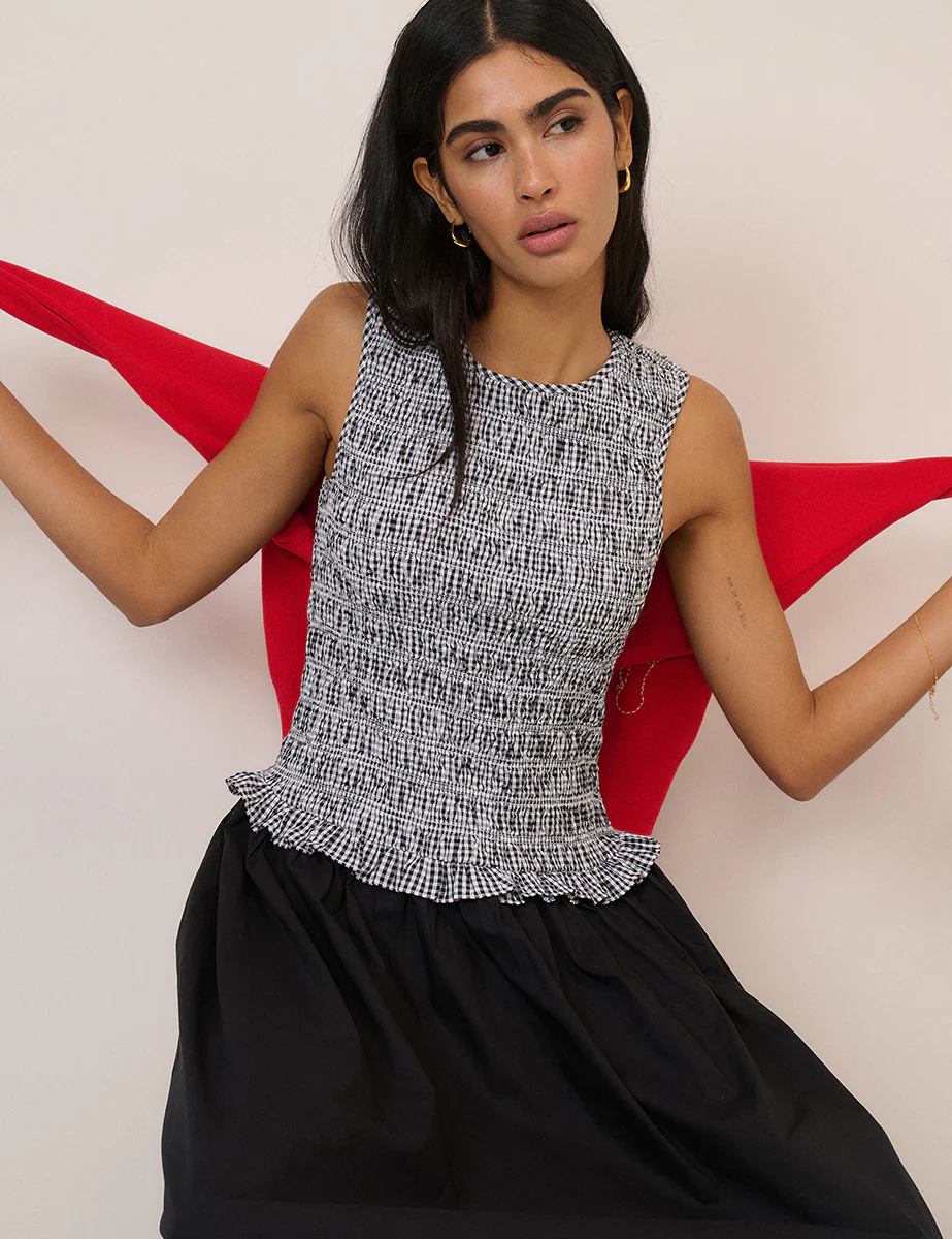 Gingham Shirred Bodice Drina Midi Dress - Image 3