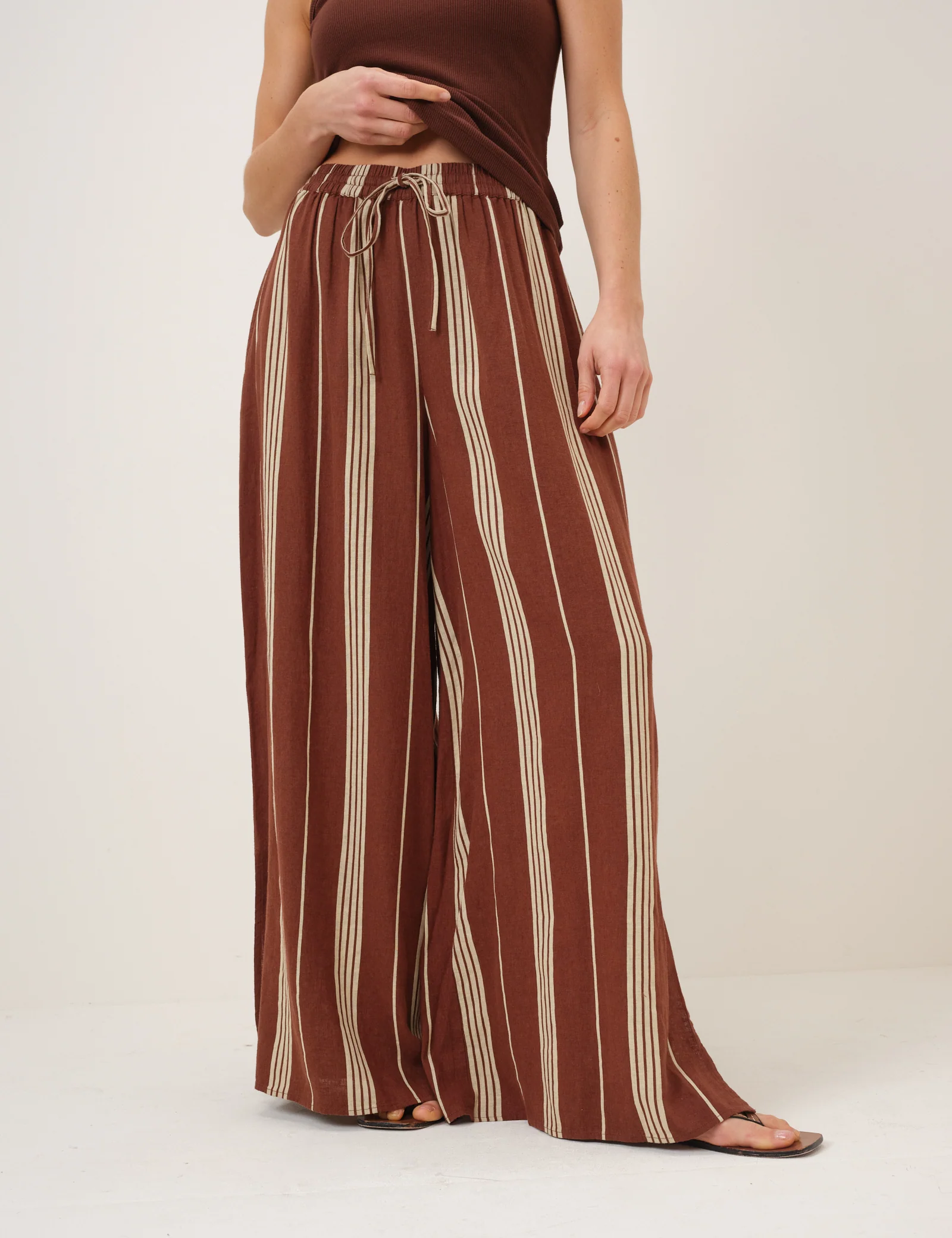 Brown Striped Linen-Blend Split Hem Trousers - Image 2